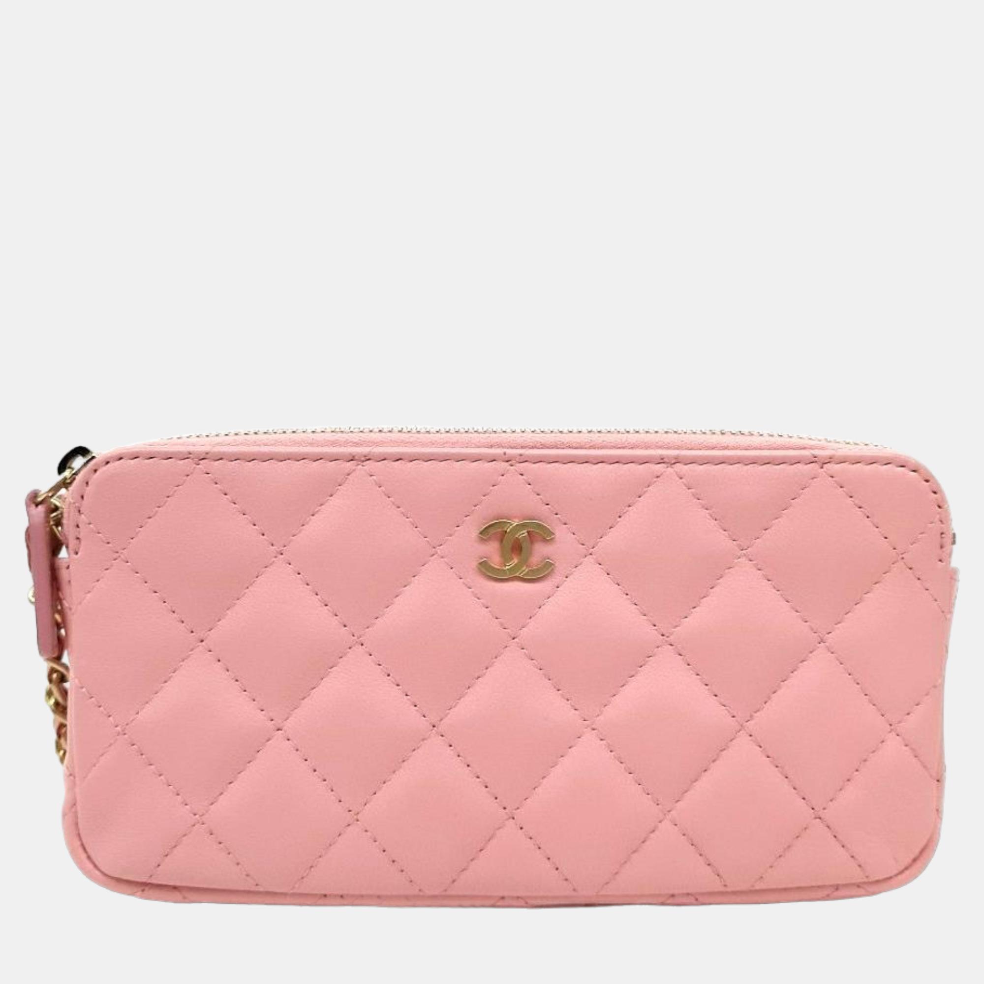 Pre-owned Chanel Pink Leather Cc Quilted Double Zip Wallet On Chain