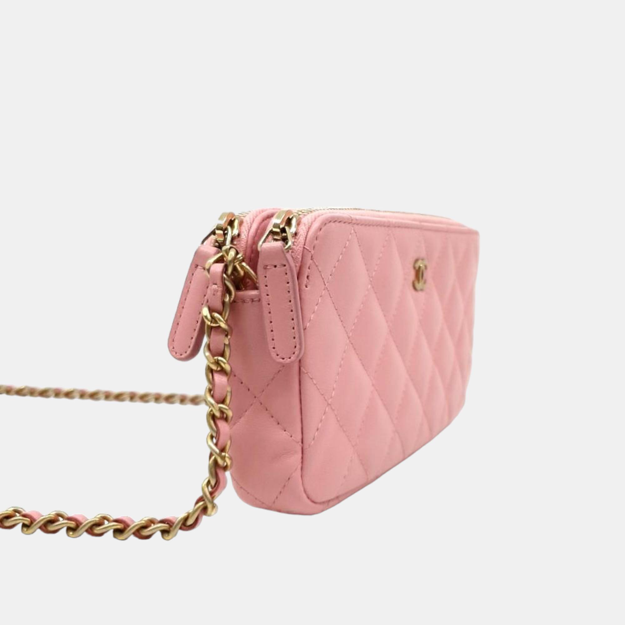 Chanel Pink Leather CC Quilted Double Zip Wallet On Chain price in