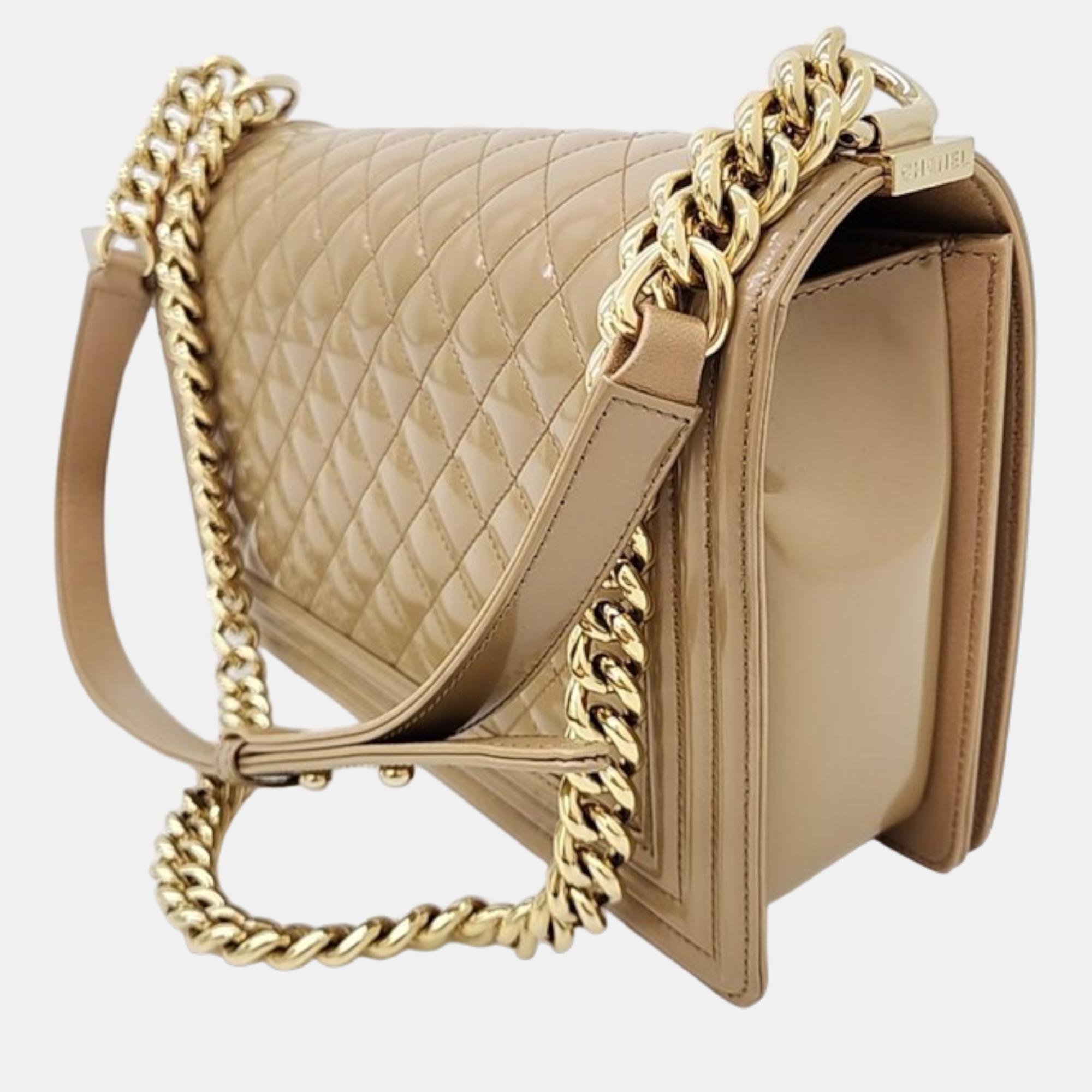 

Chanel Beige Patent Leather  Boy Shoulder Bag