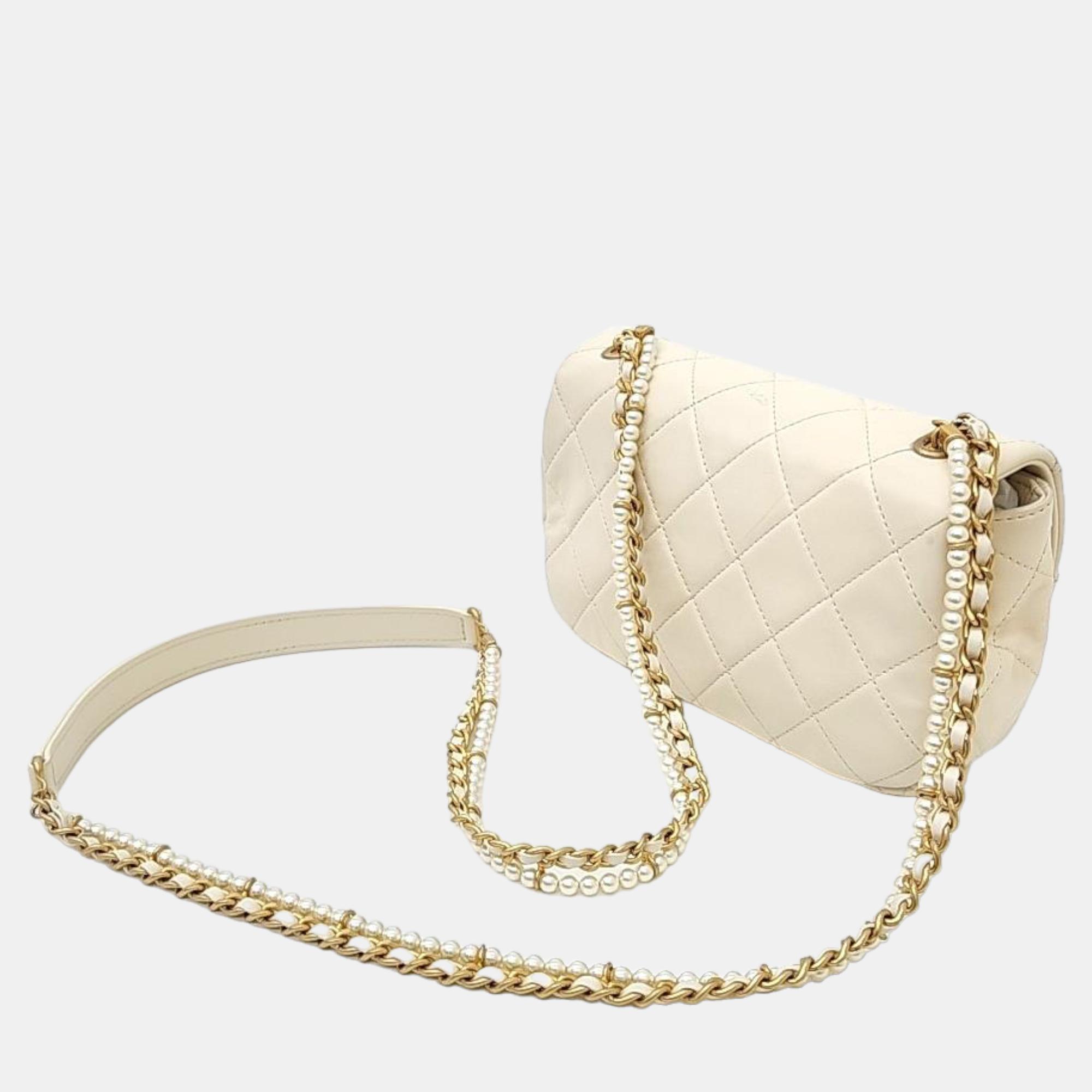 Chanel White Leather Pearl chain cross bag Chanel
