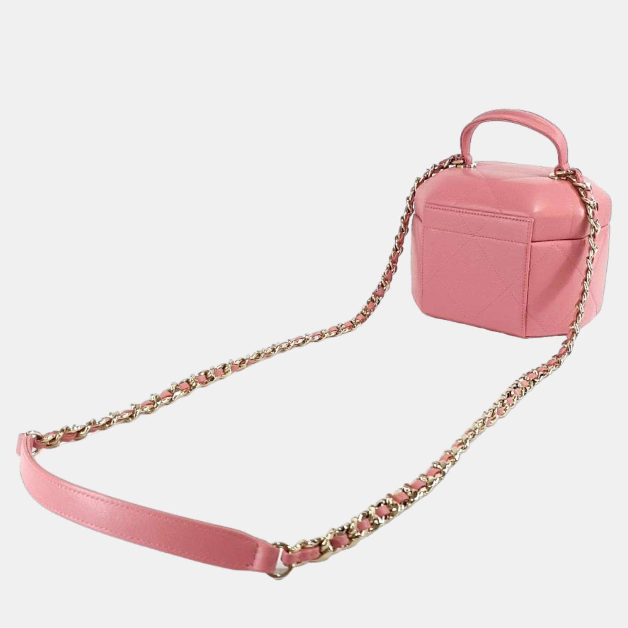 

Chanel Pink Leather Hexagon Vanity Case Clutch Bag