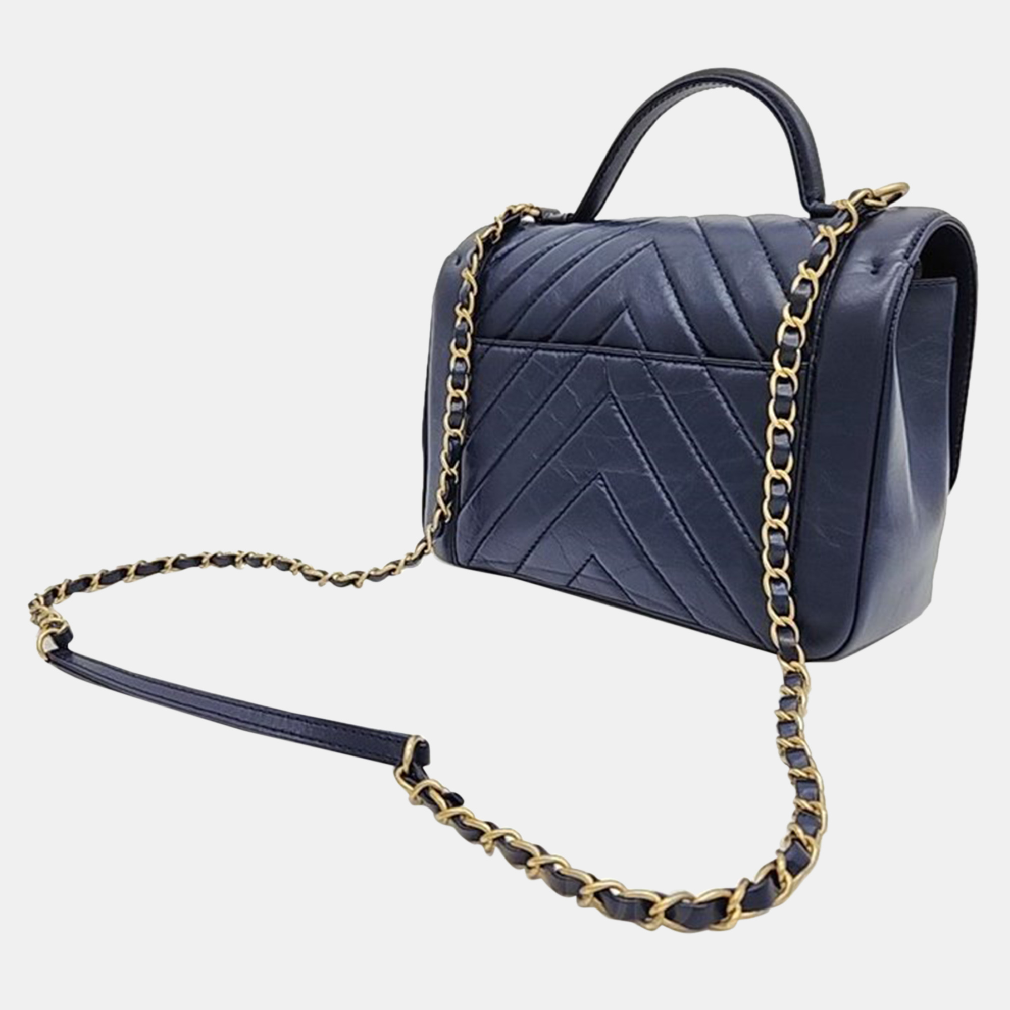 

Chanel Navy Blue Leather Chevron Flap Bag Top Handle Bag
