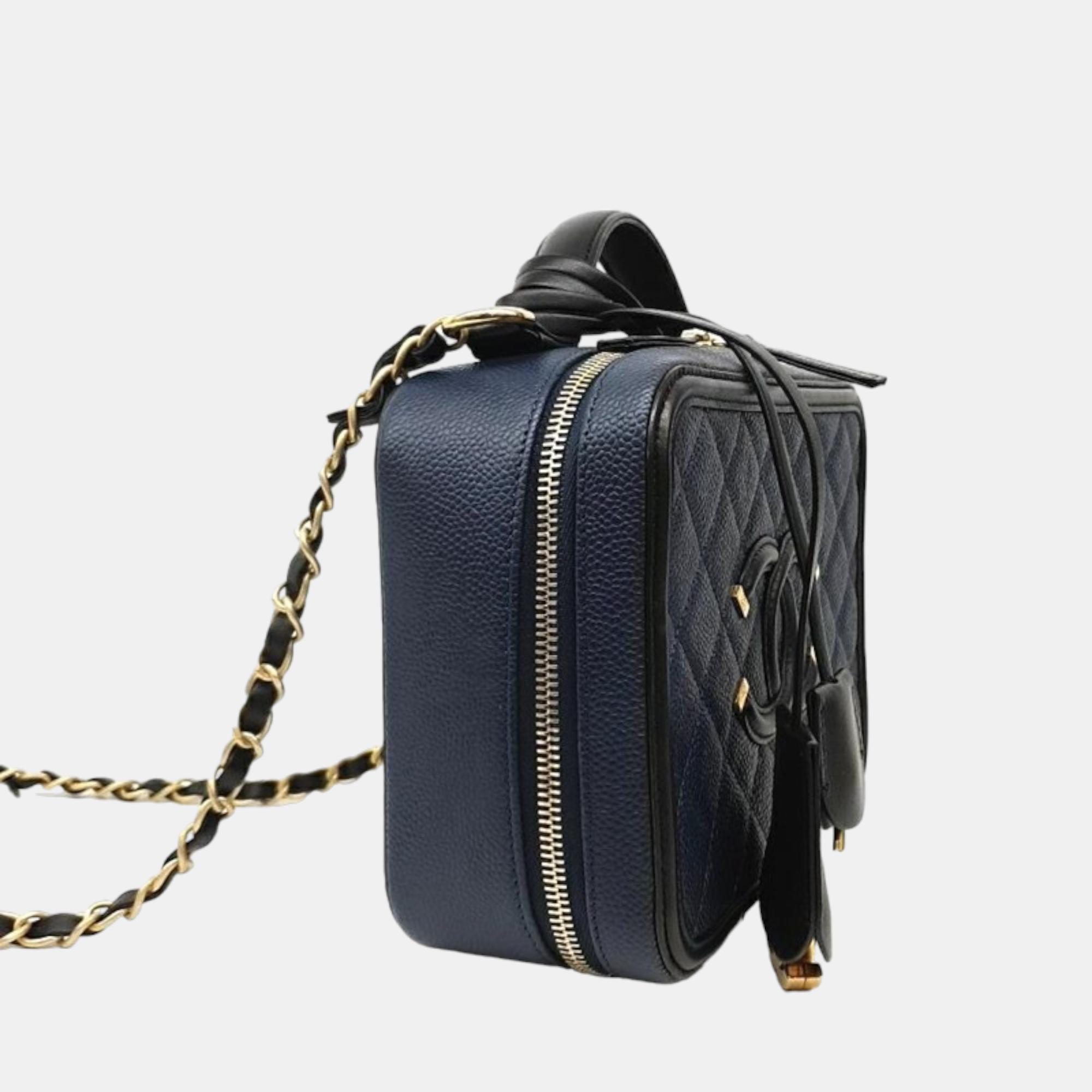 

Chanel Blue Leather Small Filigree Vanity Case, Black