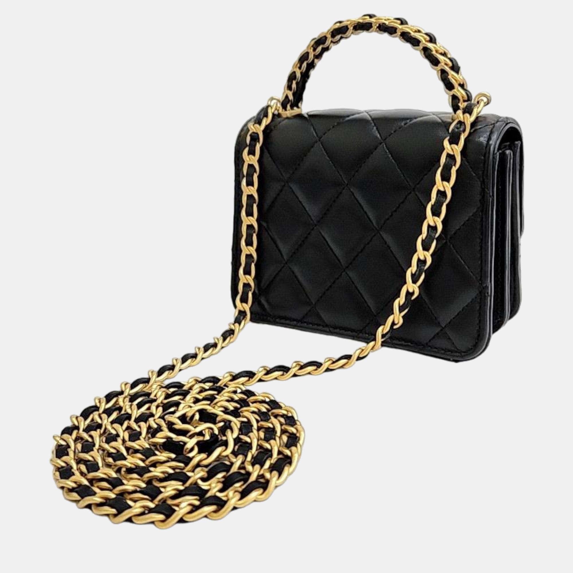 

Chanel Black Lambskin Leather Mini Top Handle CC Chain Clutch Bag