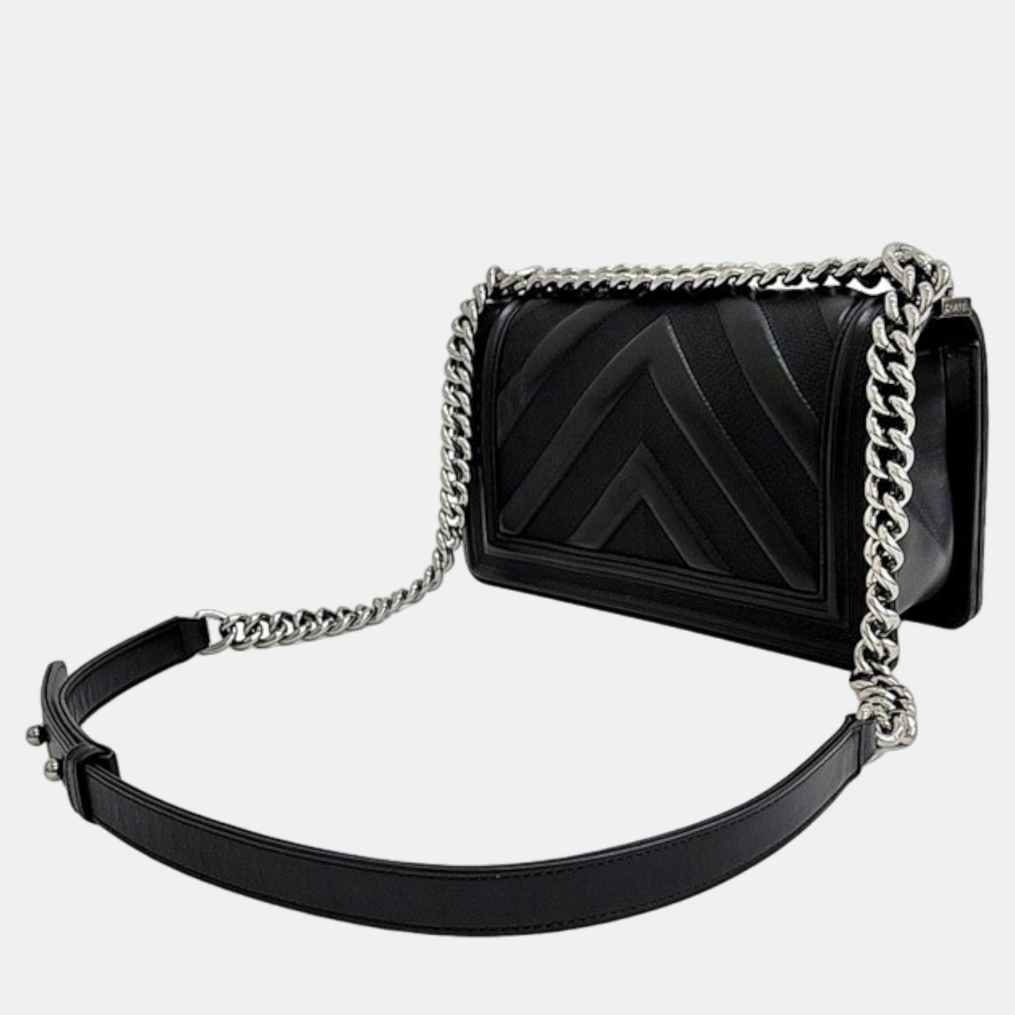 

Chanel Black Lambskin Leather Perforated  Boy Shoulder Bag