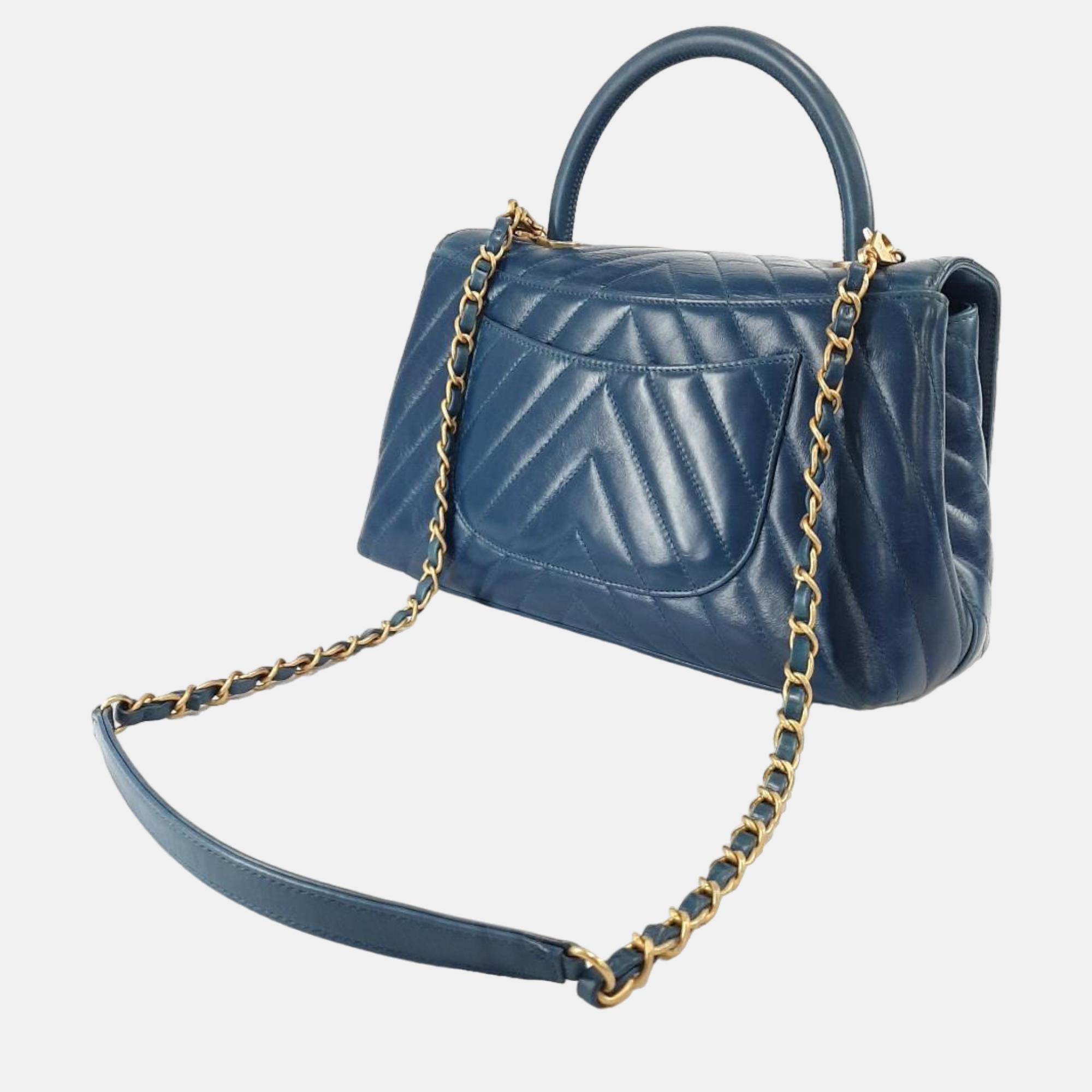 

Chanel Blue Leather Chevron Coco Top Handle Bag