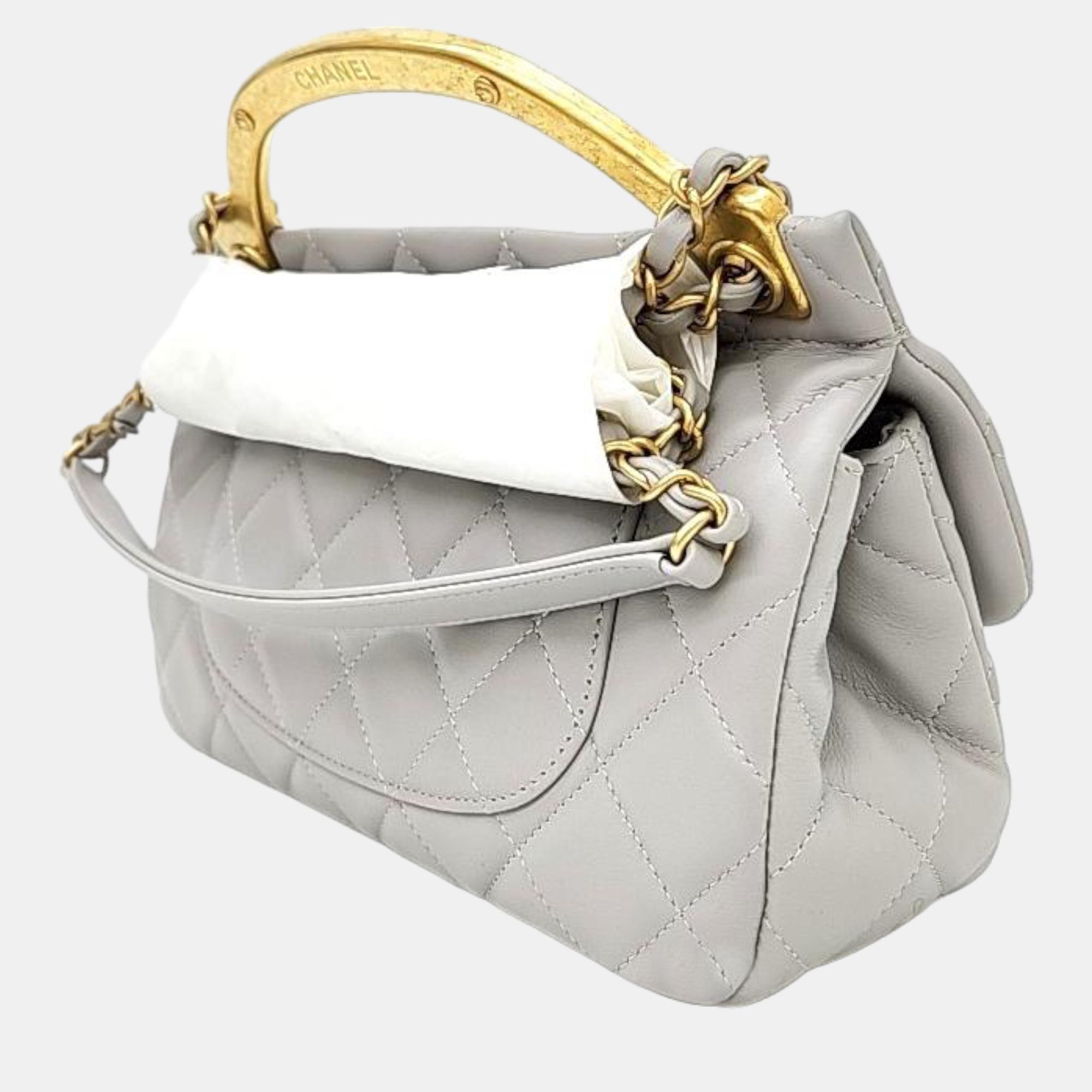 

Chanel Grey Leather CC Flap Top Handle Bag