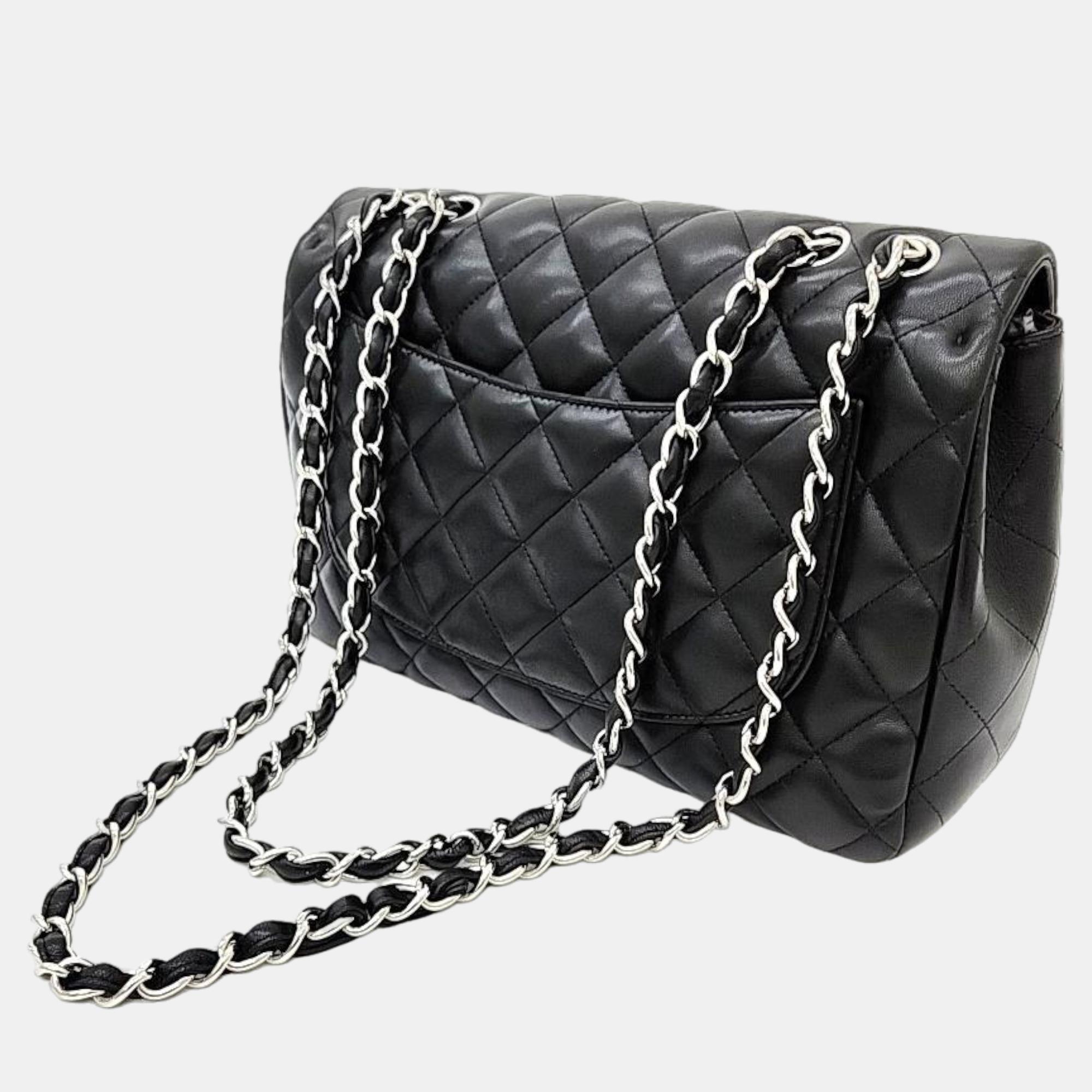 

Chanel Black Lambskin Leather Jumbo Classic Single Flap Shoulder Bag