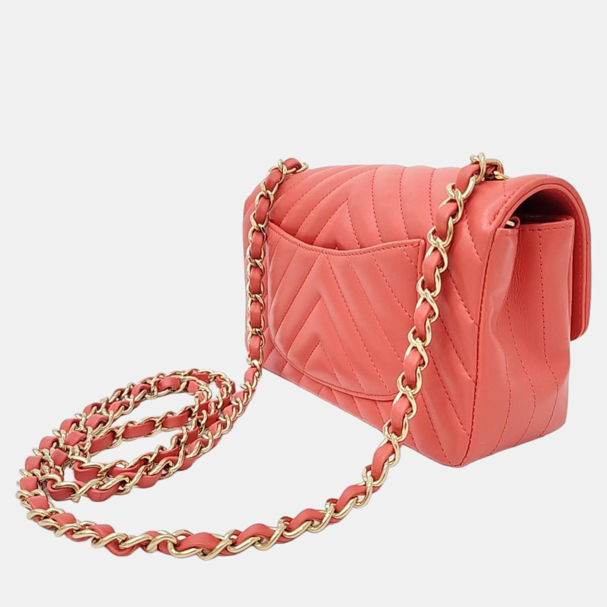 

Chanel Orange Chevron Leather Classic Rectangular Mini Flap Bag