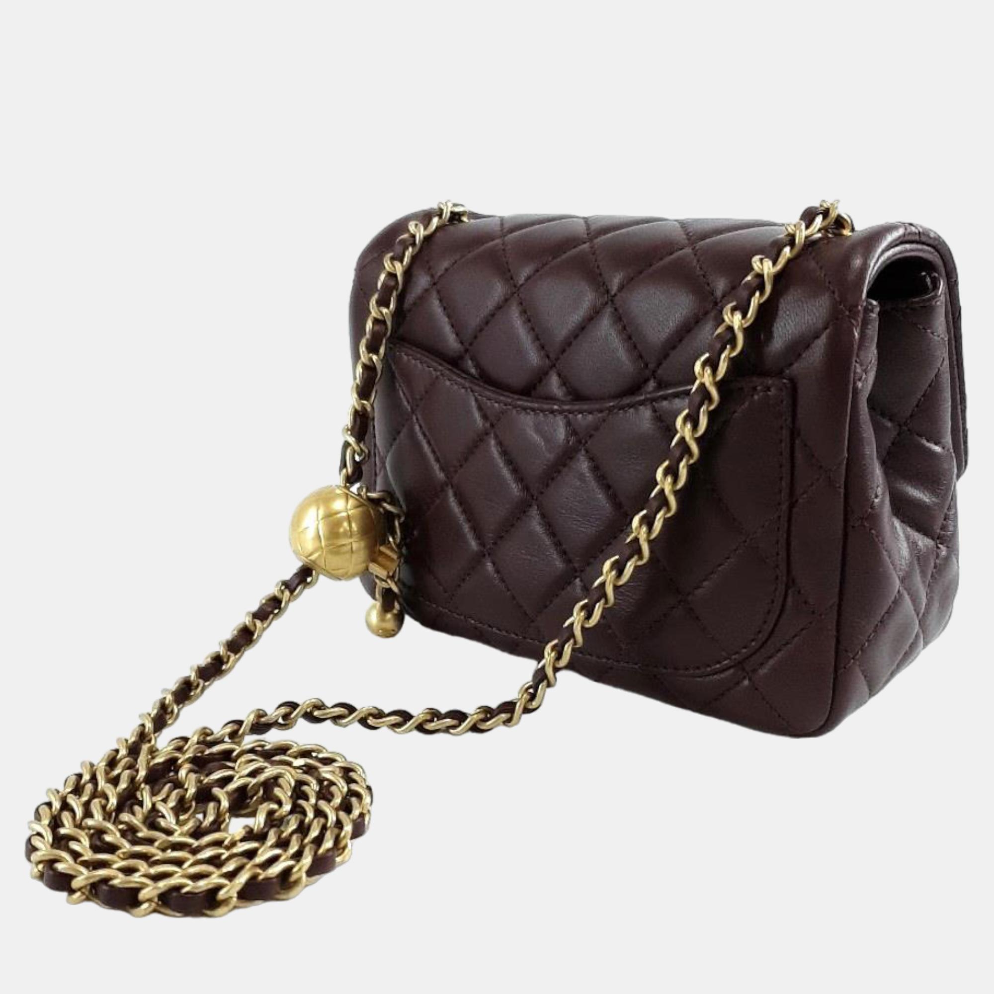 

Chanel Brown Leather Mini Square Pearl Crush Flap Bag