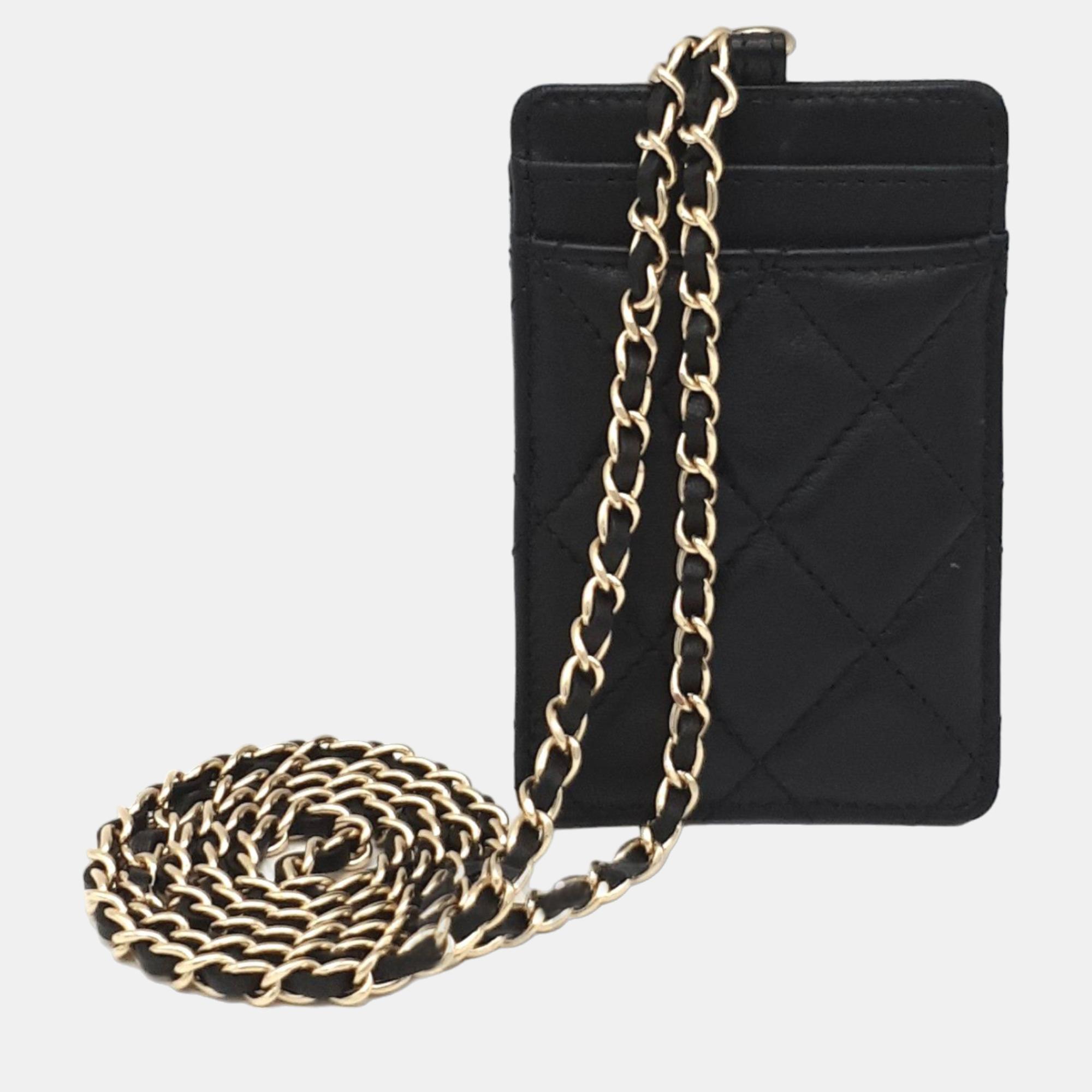 

Chanel Black Lambskin Quilted Glitter Card Holder On Chain Wallet
