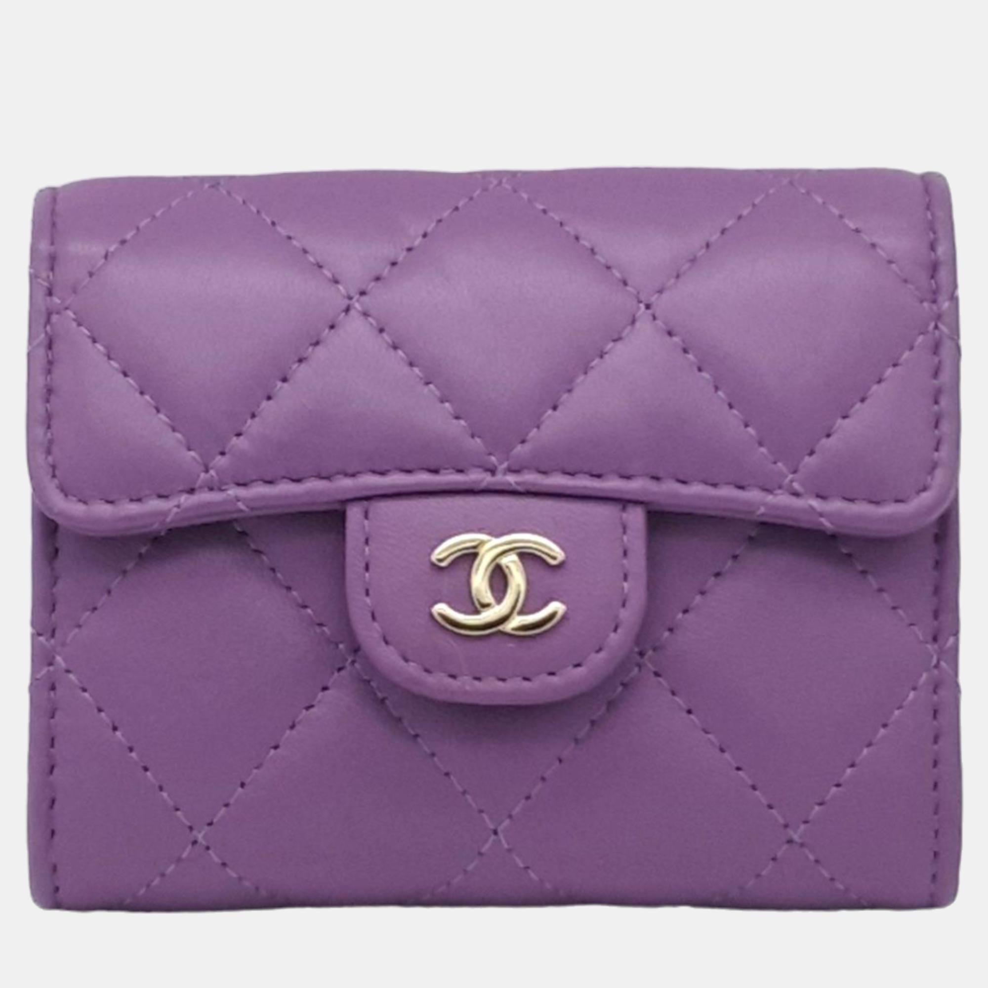 

Chanel Purple Lambskin Leather Card Holder Chain Quilted Flap Wallet