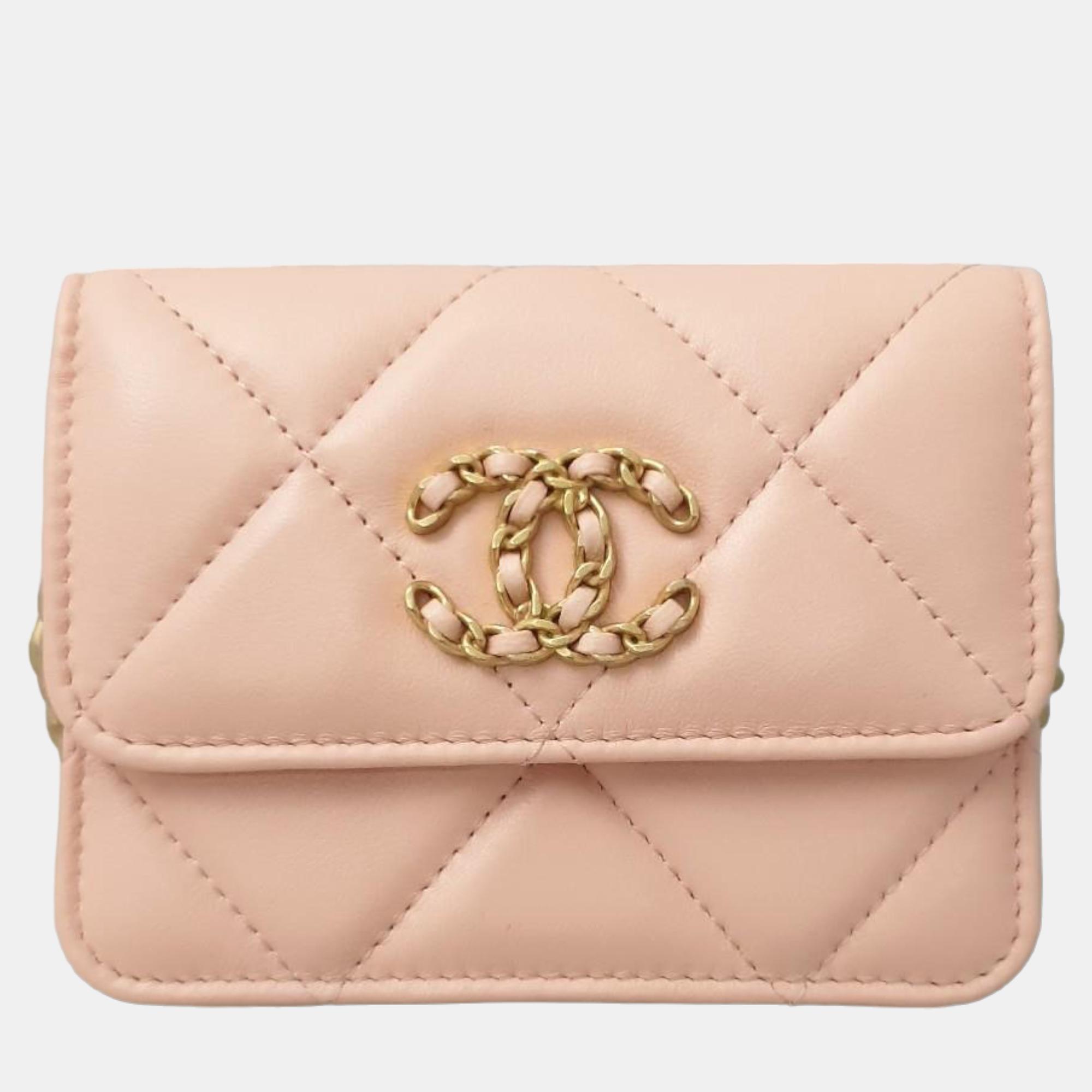 Pre-owned Chanel Pink Leather 19 Chain Coin Purse