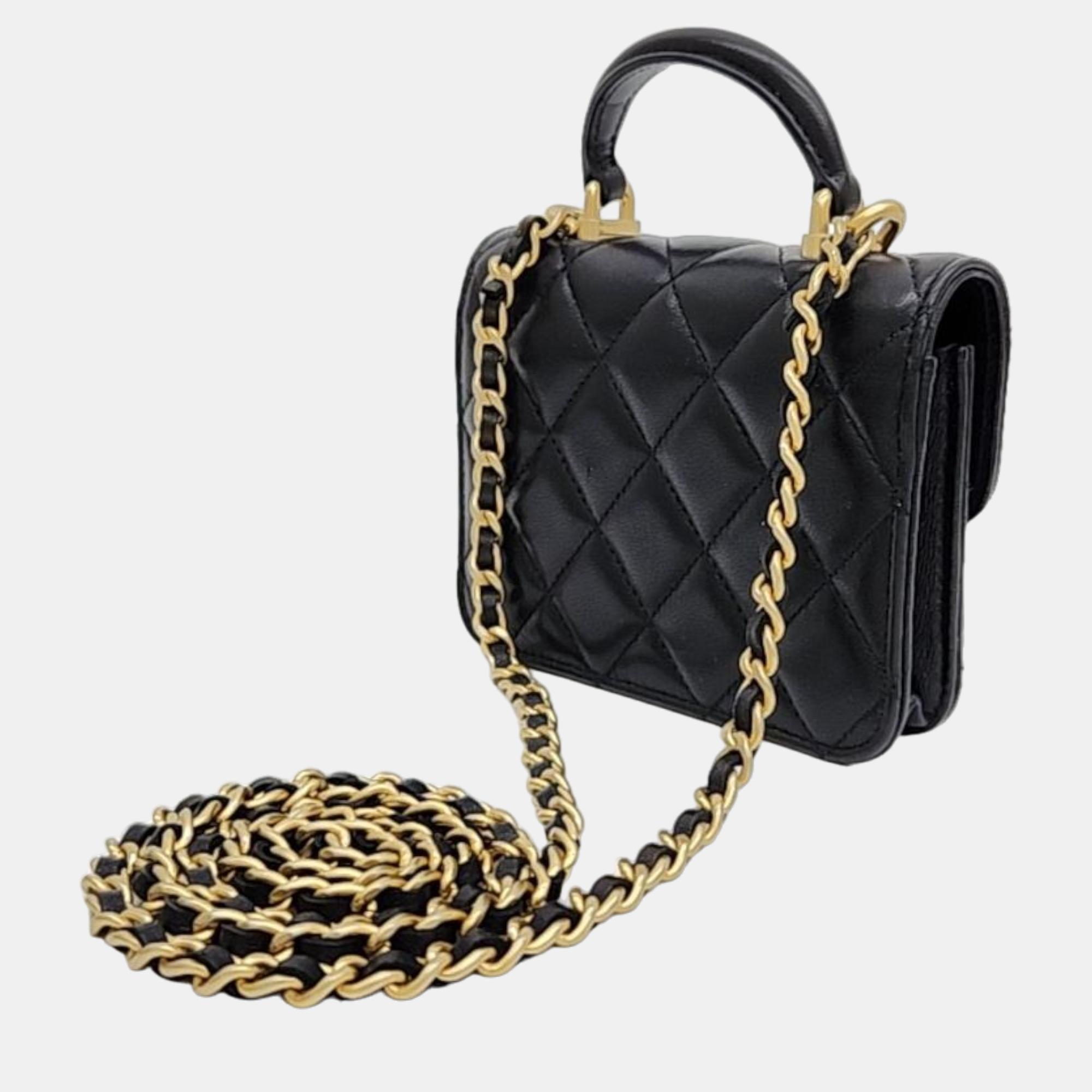 

Chanel Black Lambskin Leather CC Coin Top Handle Chain Wallet