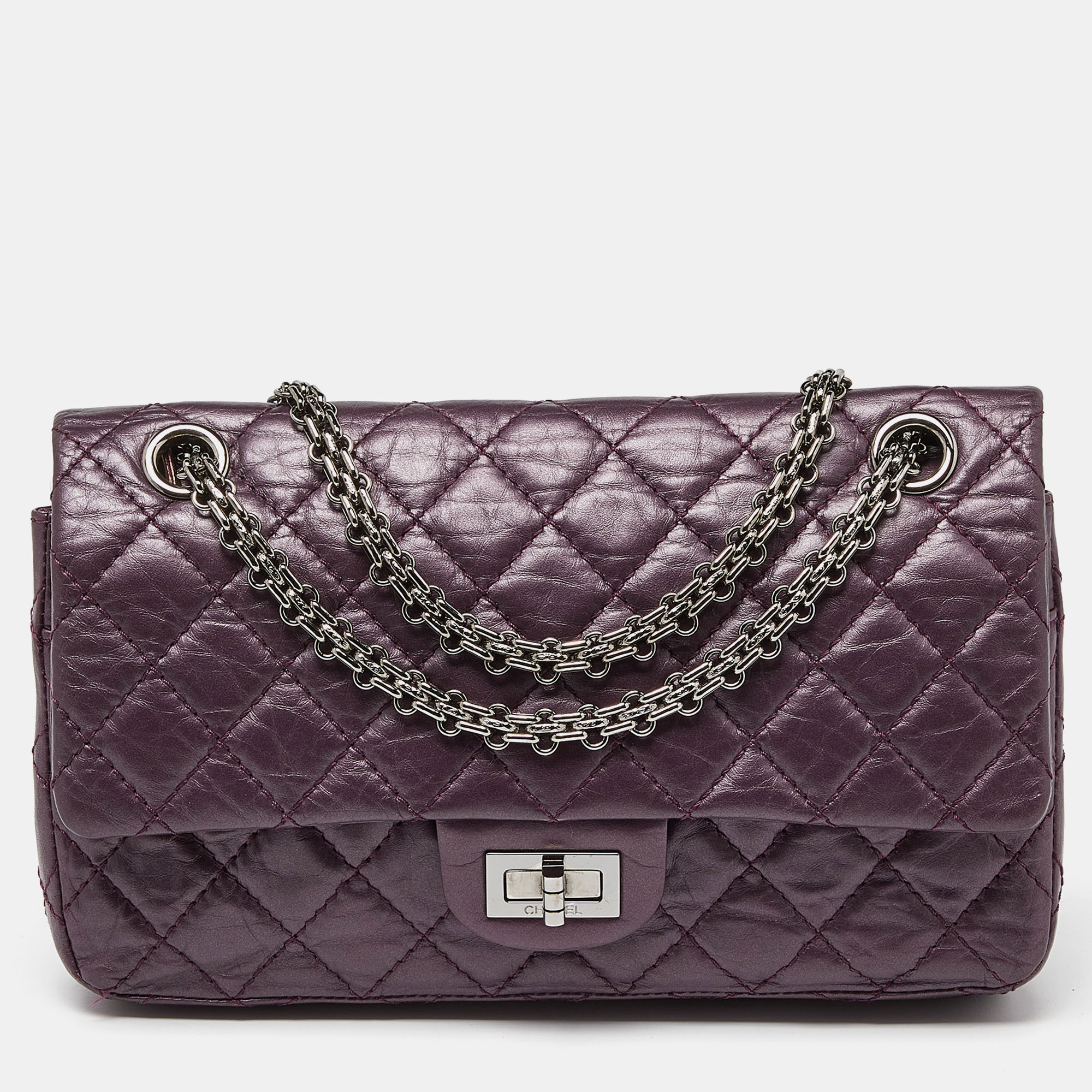 Pre Owned Chanel Purple Quilted Aged Leather Reissue 2.55 Classic 225 Flap Bag