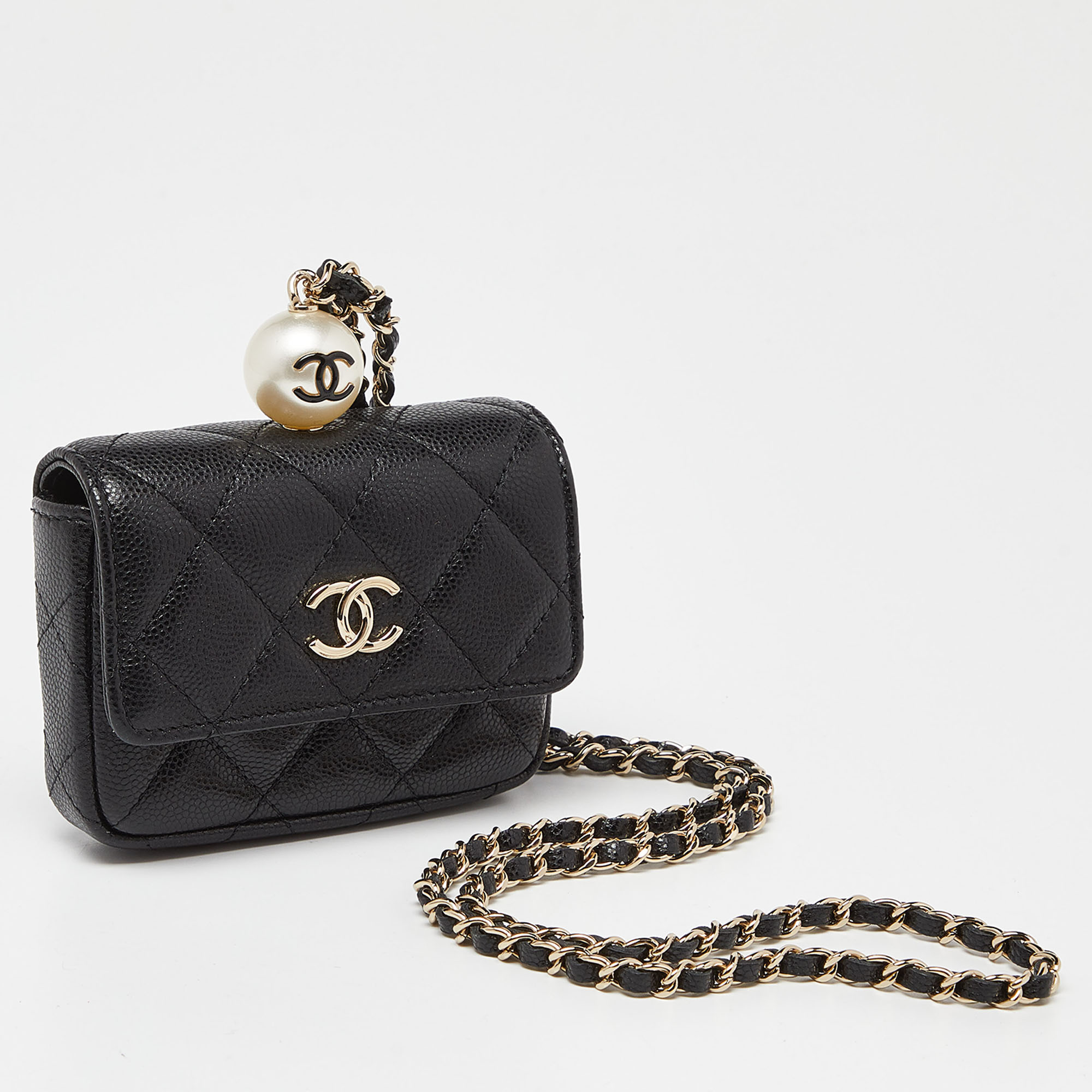 

Chanel Black Caviar Leather CC Pearl Flap Chain Coin Purse