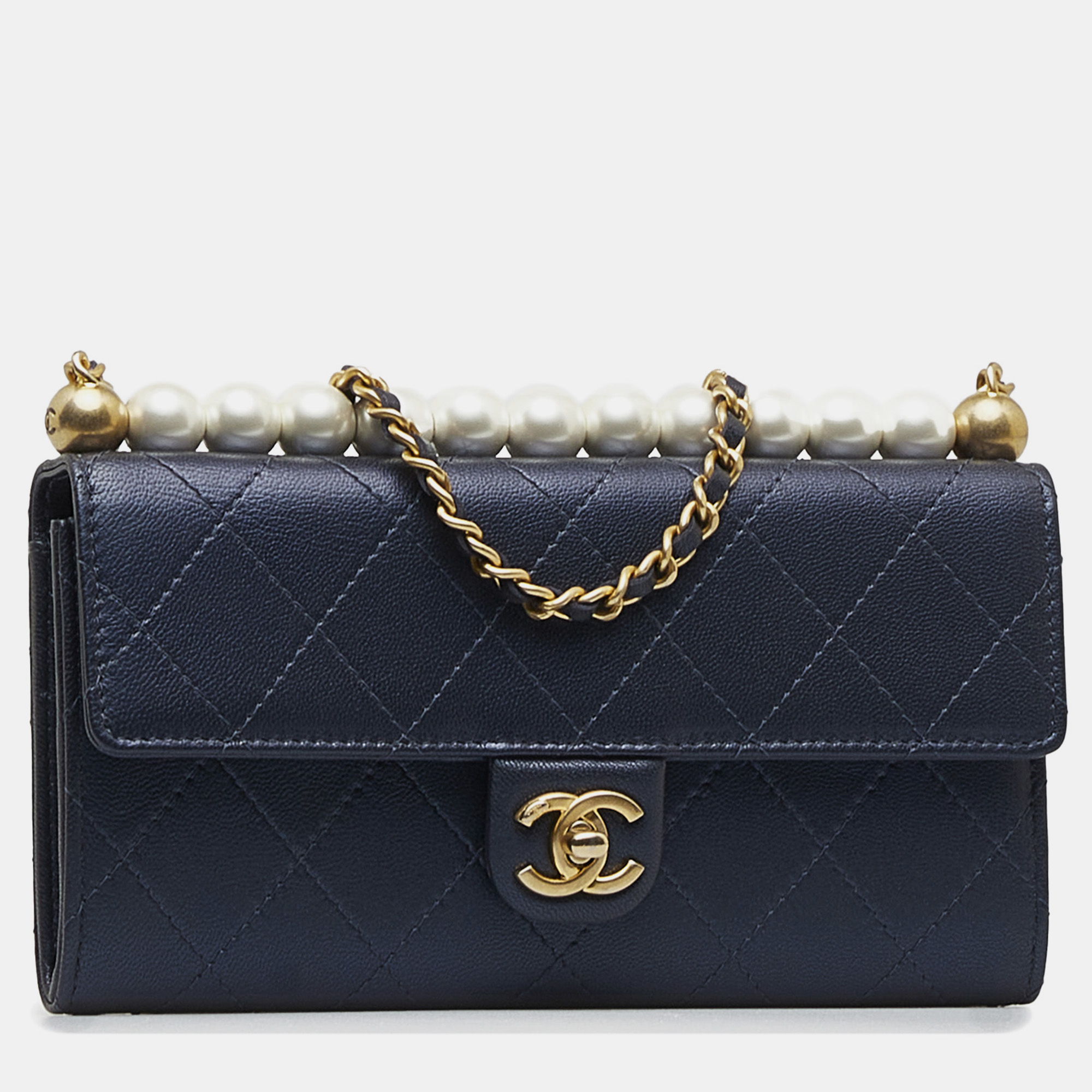 Chanel Navyblue Goatskin Chic Pearls Clutch With Chain Chanel