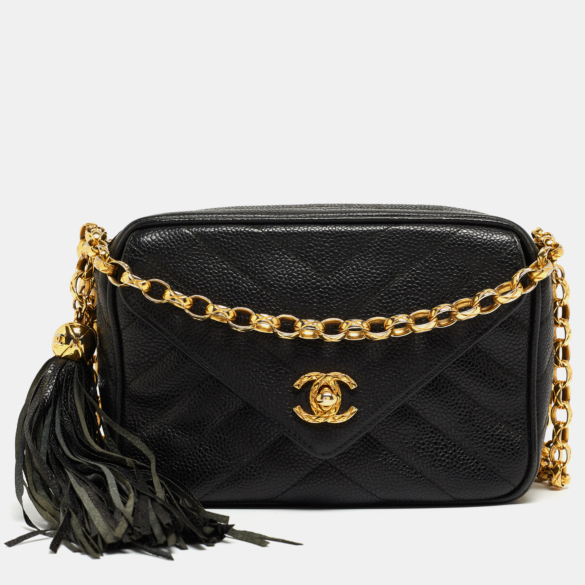 Pre Owned Chanel Black Chevron Caviar Leather CC Tassel Camera Bag
