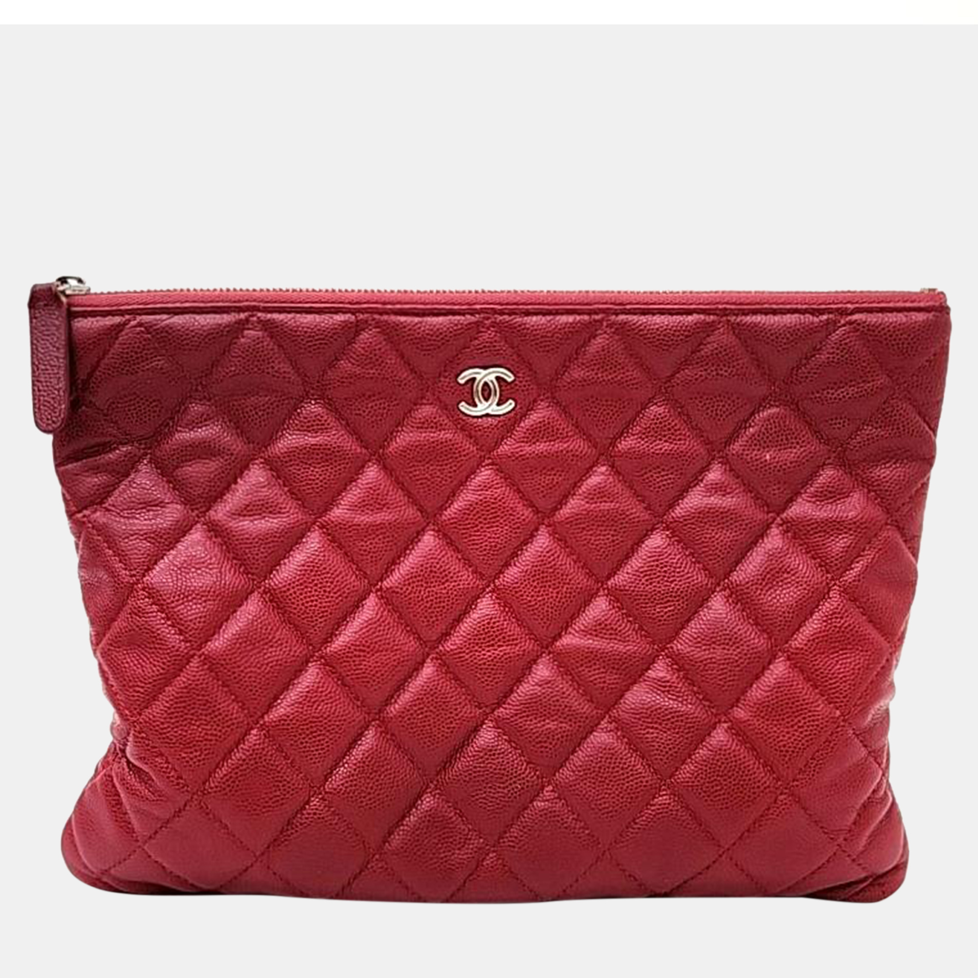 Pre-owned Chanel Red Caviar Clutch New Medium