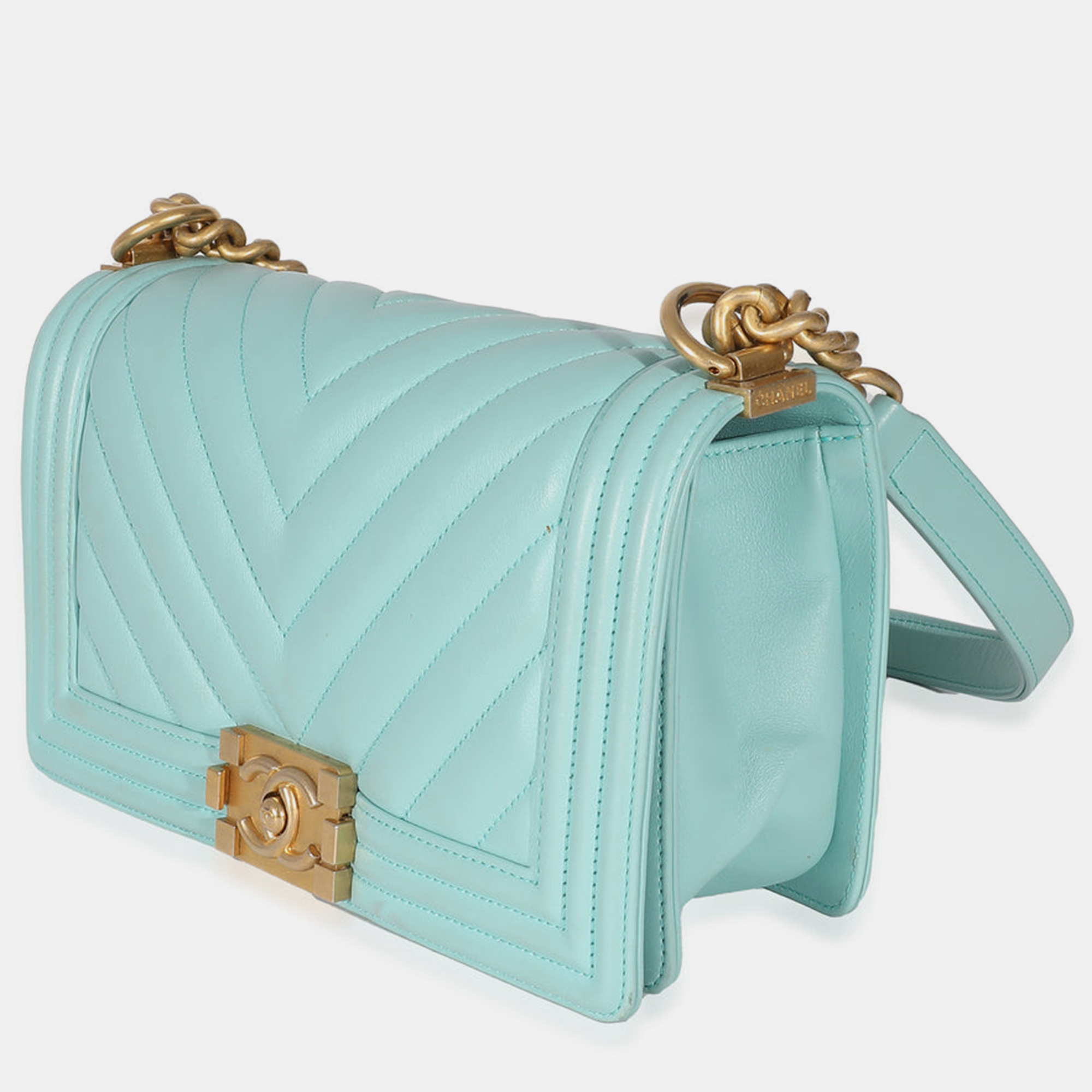 

Chanel Blue Leather Medium Chevron Boy Bag
