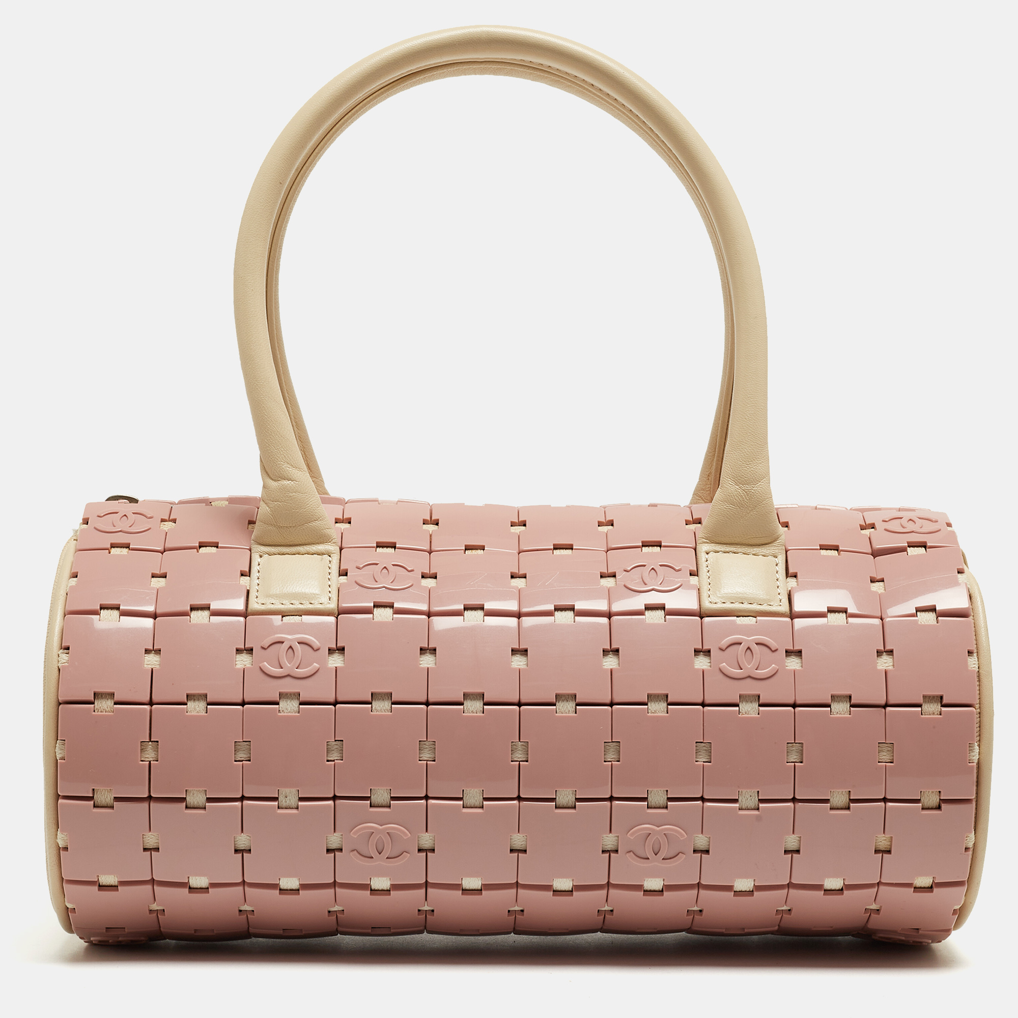 

Chanel Pink/Light Beige Acrylic Lucite Puzzle Barrel Satchel