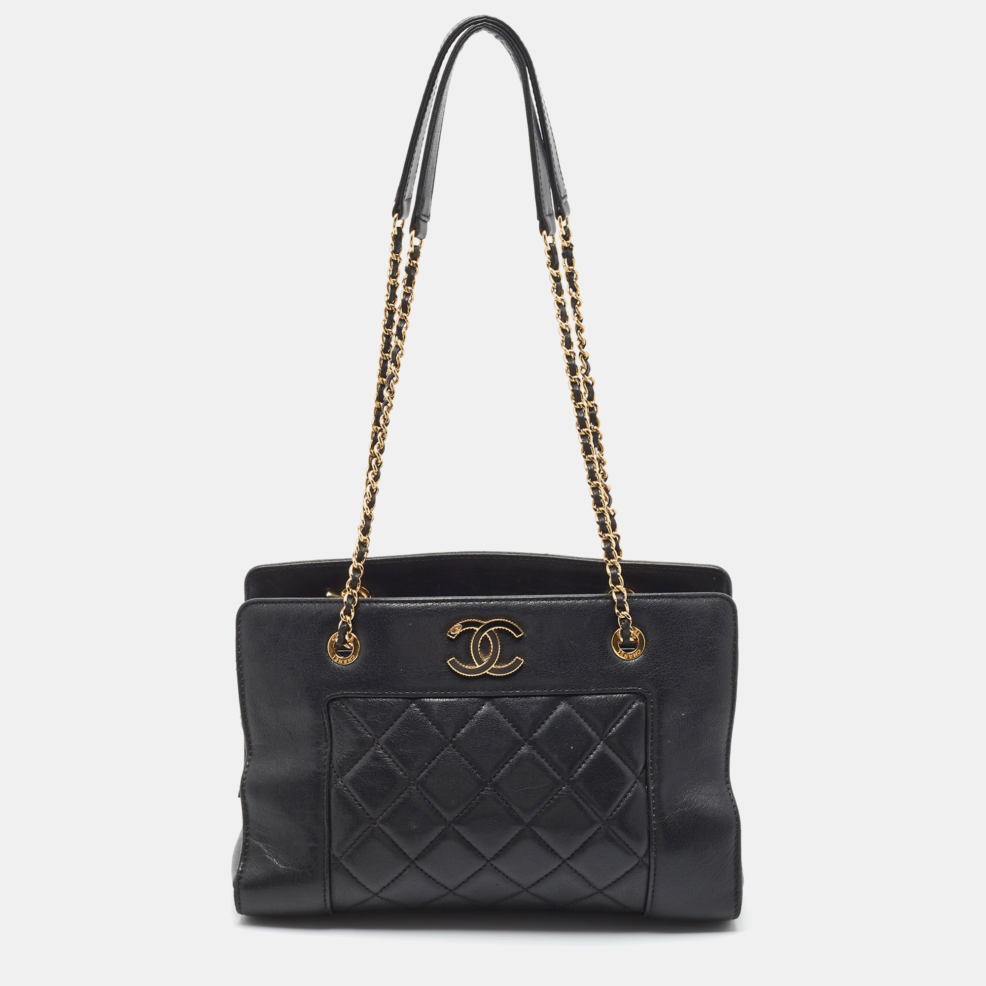 Pre-owned Chanel Black Quilted Leather Cc Chain Tote