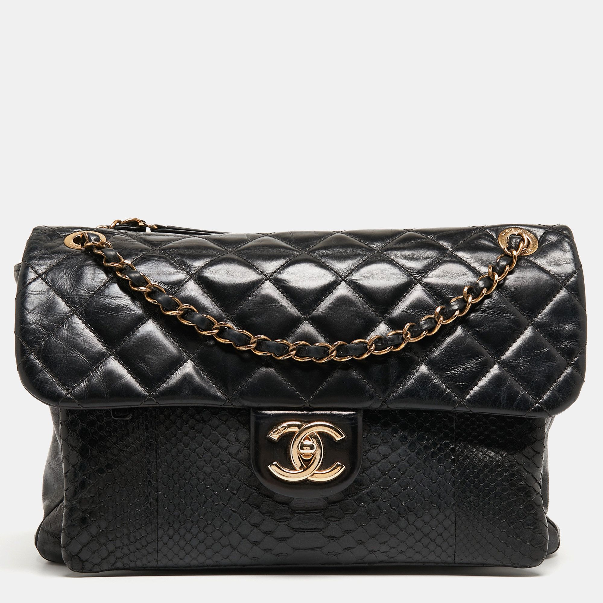 Pre Owned Chanel Black Quilted Python and Leather Urban Mix Classic Shoulder Bag
