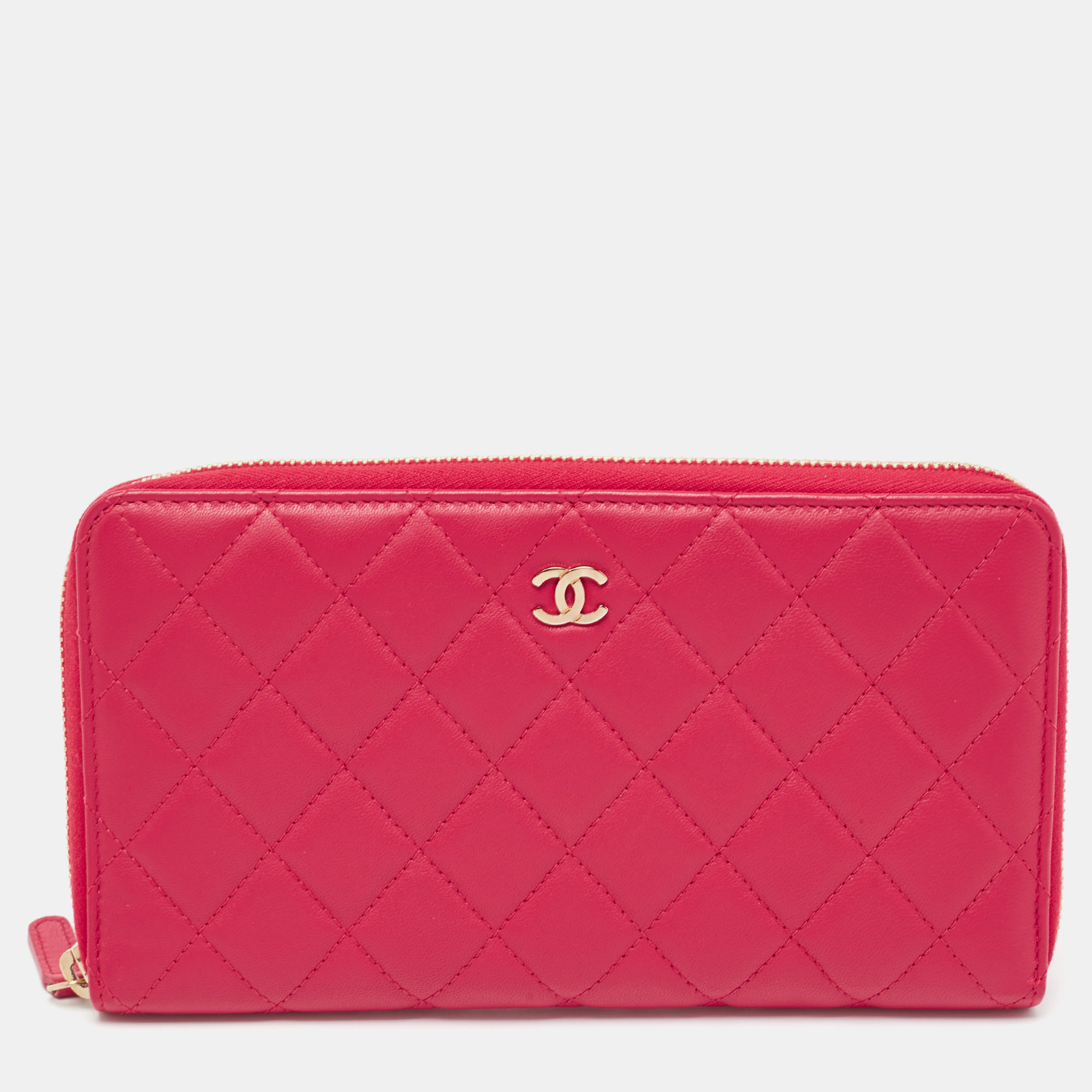Pre-owned Chanel Pink Quilted Leather Zip Around Organizer Wallet