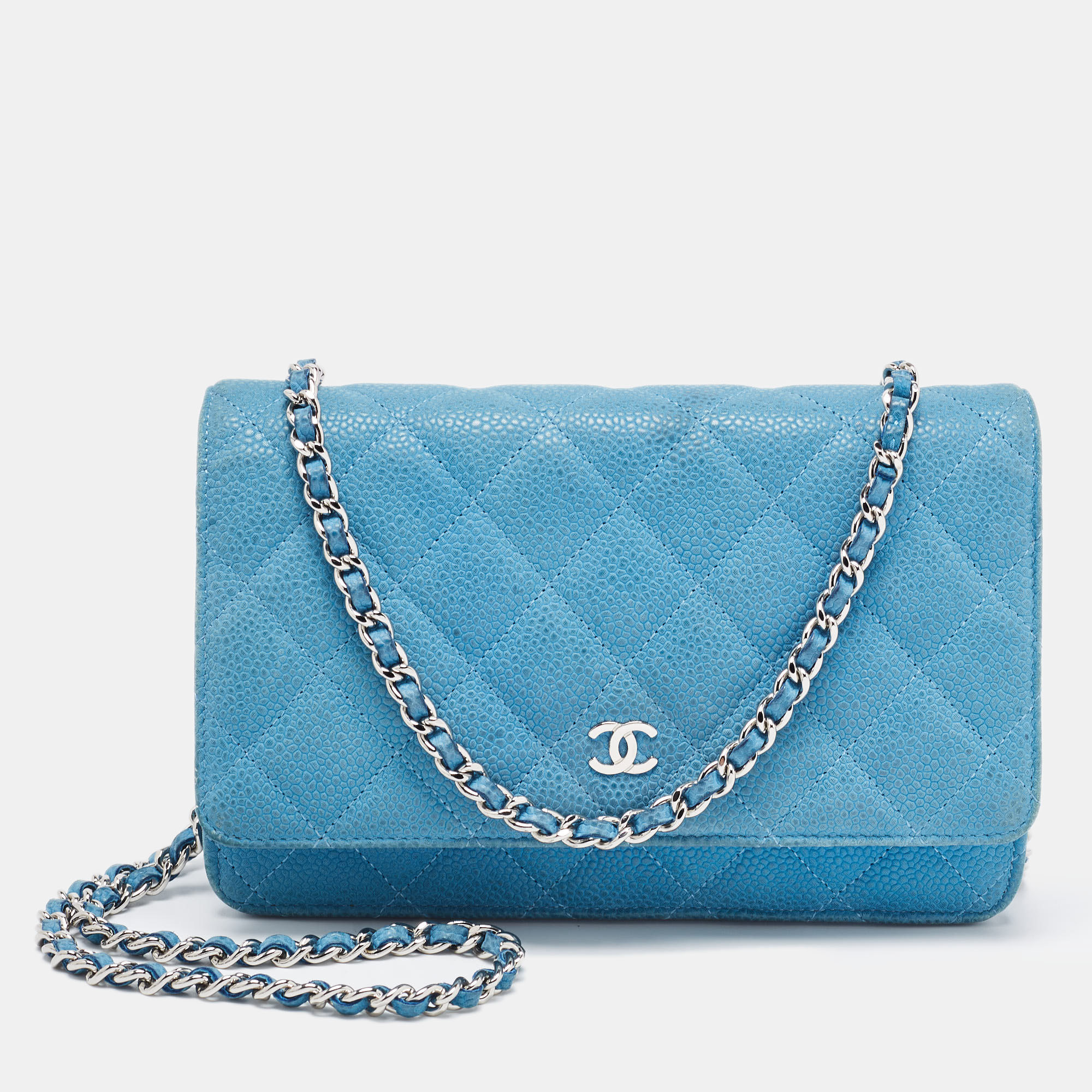 Pre-owned Chanel Blue Quilted Caviar Leather Classic Wallet On Chain