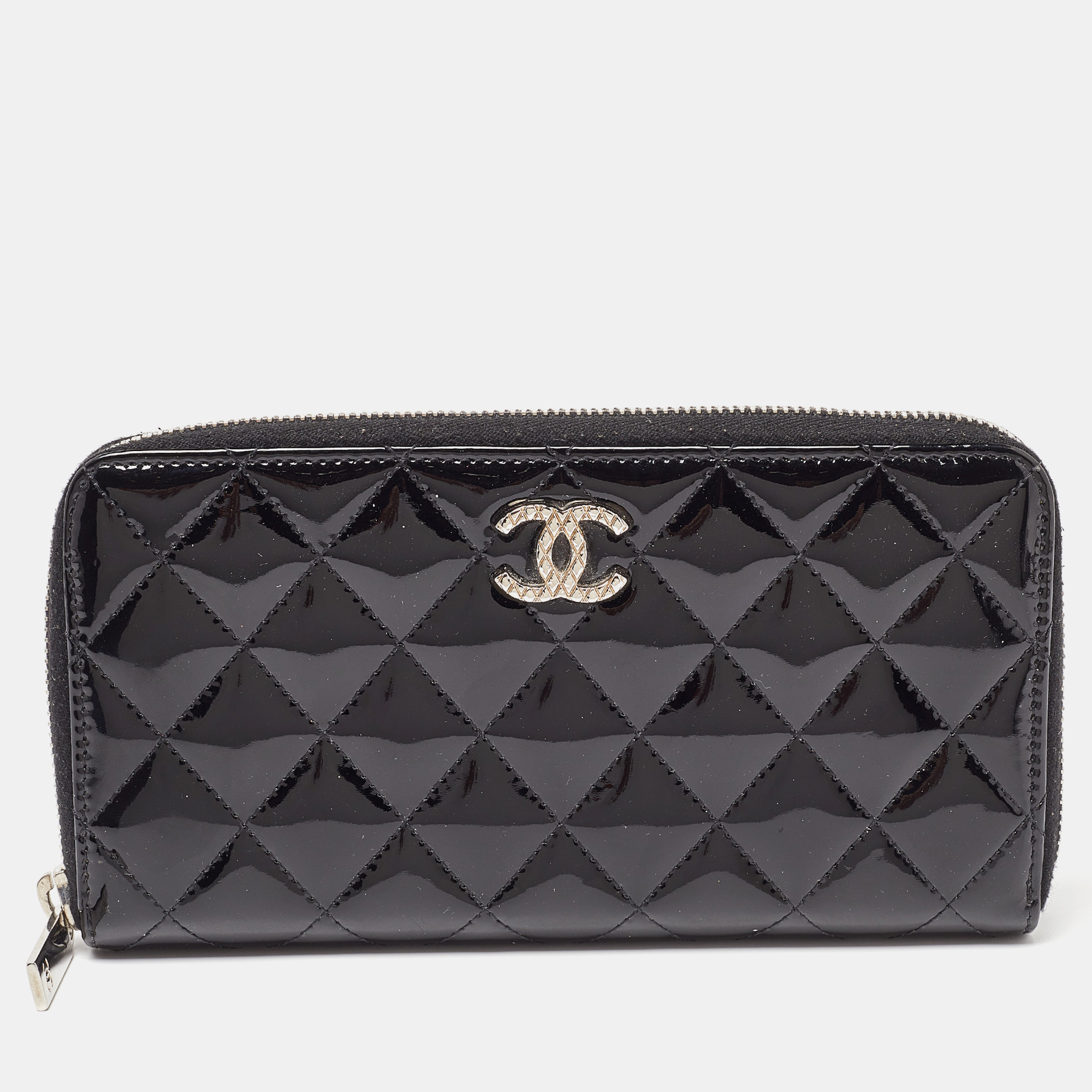 Chanel Black Quilted Patent Leather Continental Zip Wallet