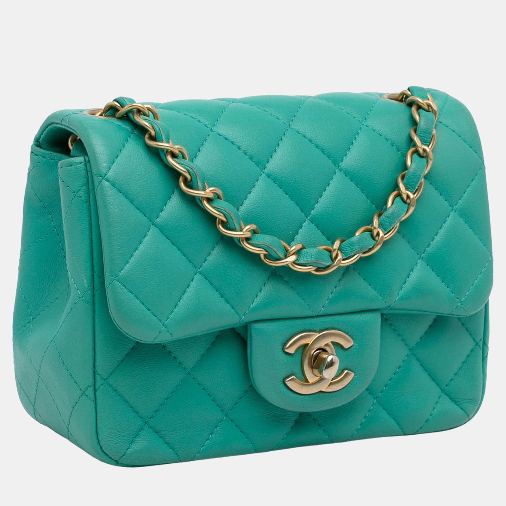 

Chanel Green Mini Classic Square Lambskin Single Flap Bag