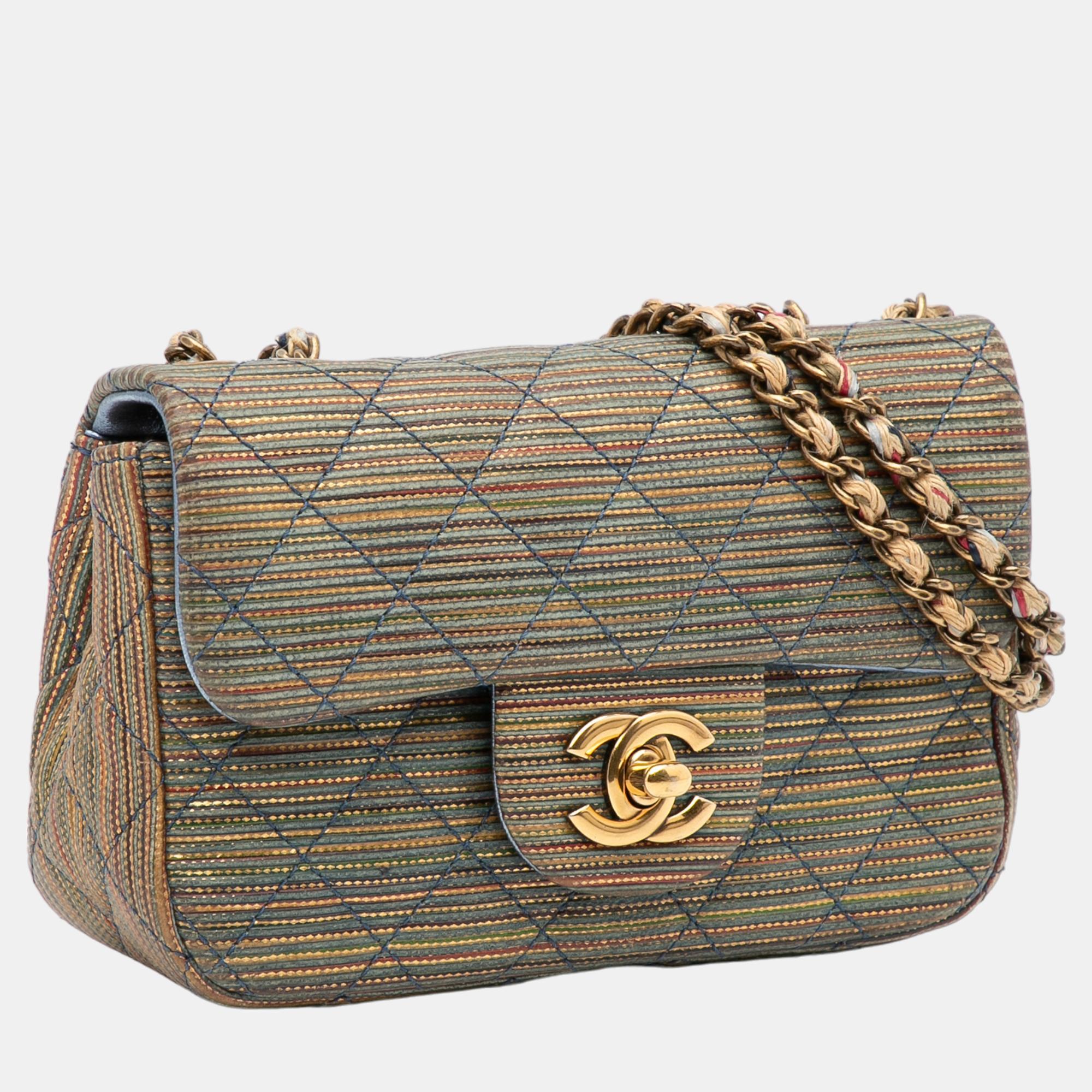 

Chanel Brown Mini Metallic Woven Raffia Classic Square Single Flap