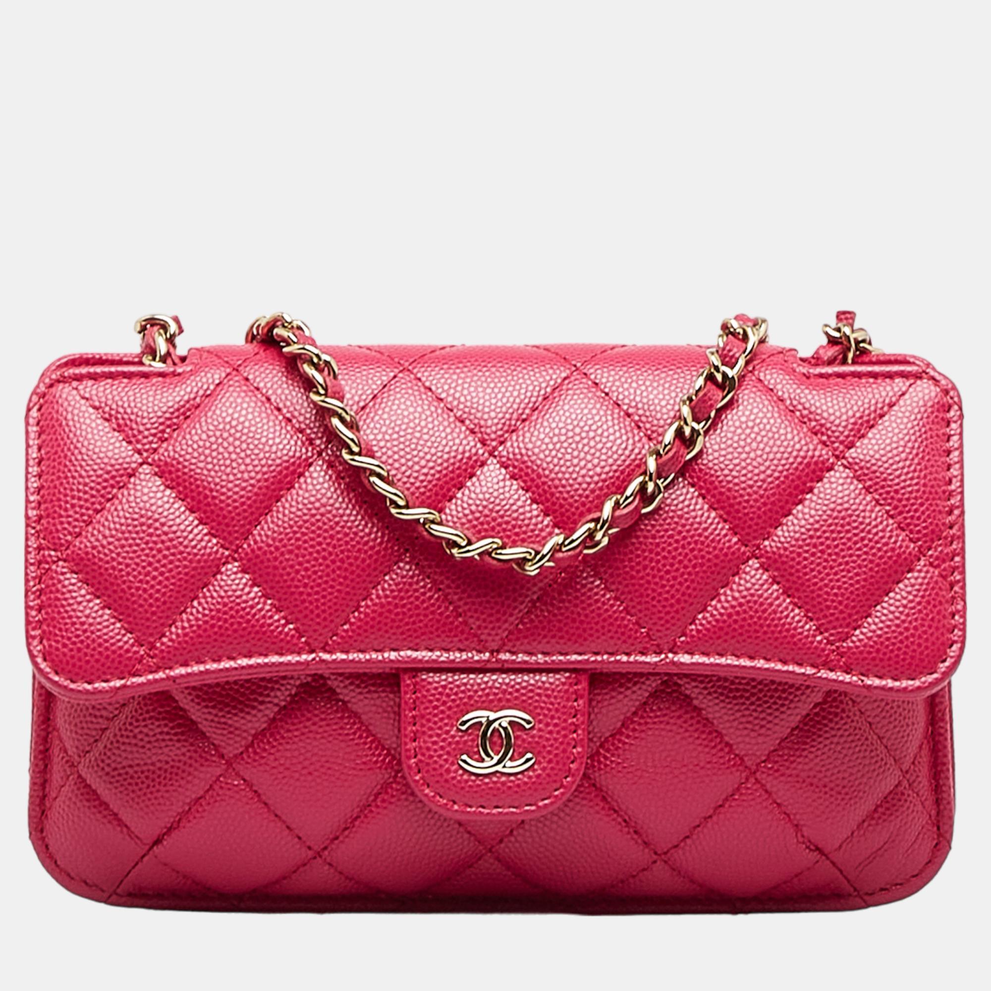 Chanel Pink Quilted Caviar Foldable Printed Fabric Tote with Chain