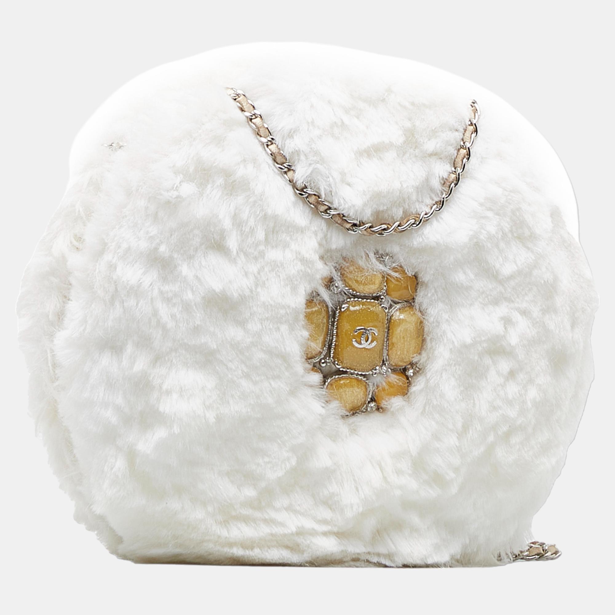 

Chanel White CC Crystal Embellished Faux Fur Round Crossbody