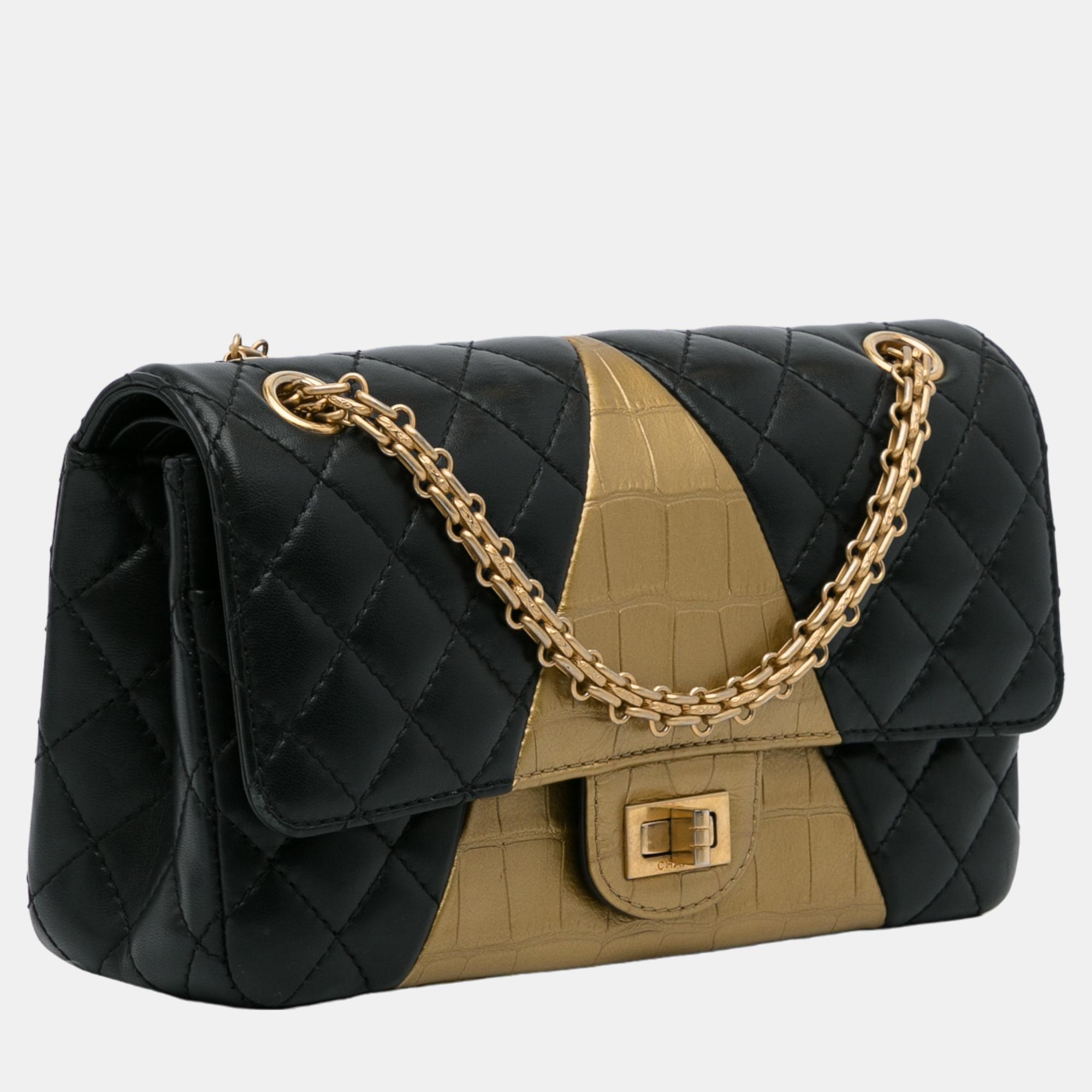 

Chanel Black/Gold Medium Croc Embossed Lambskin 2.55 Reissue Double Flap Bag
