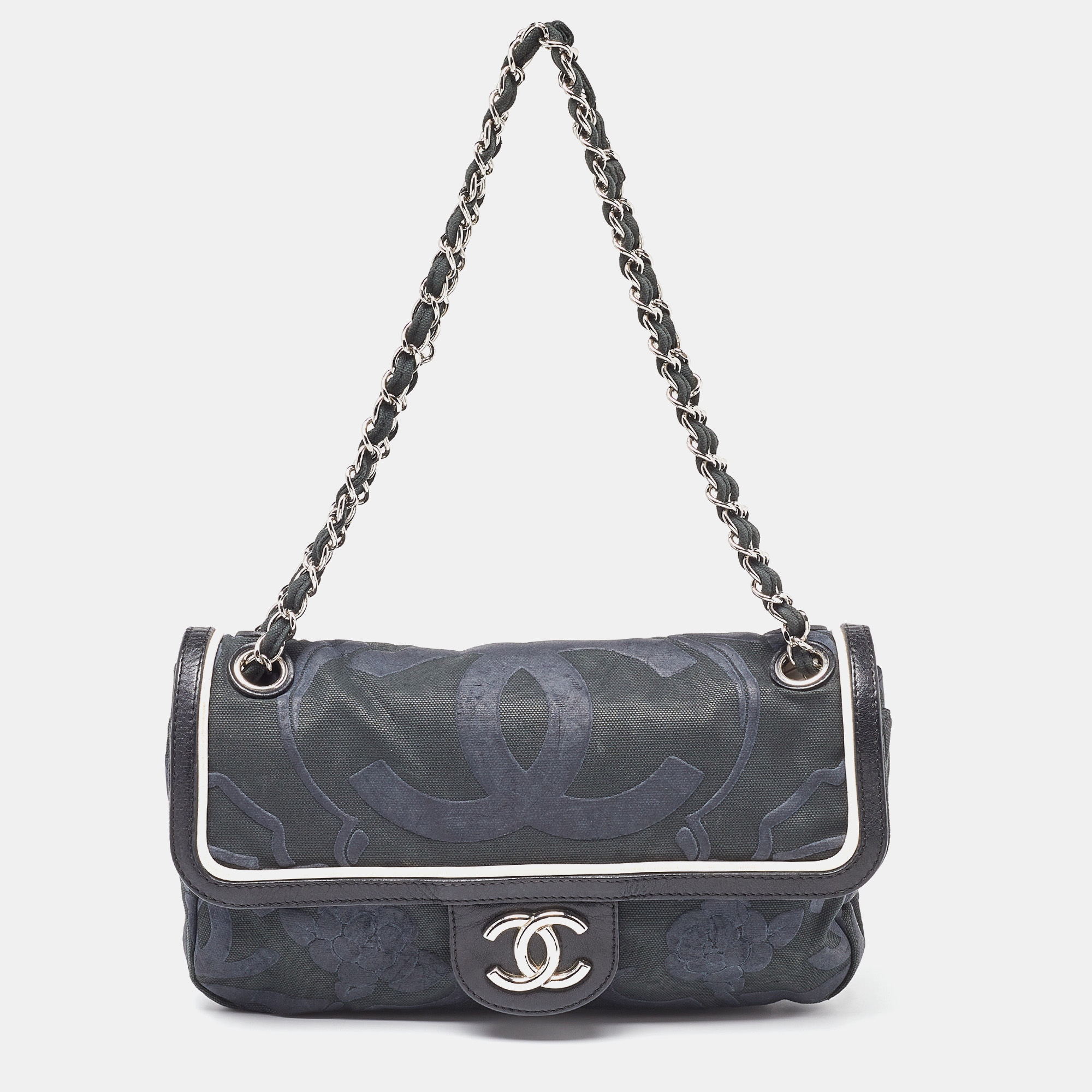 

Chanel Tri Color CC Logo Camellia Embossed Canvas and Leather East West Flap Bag, Multicolor