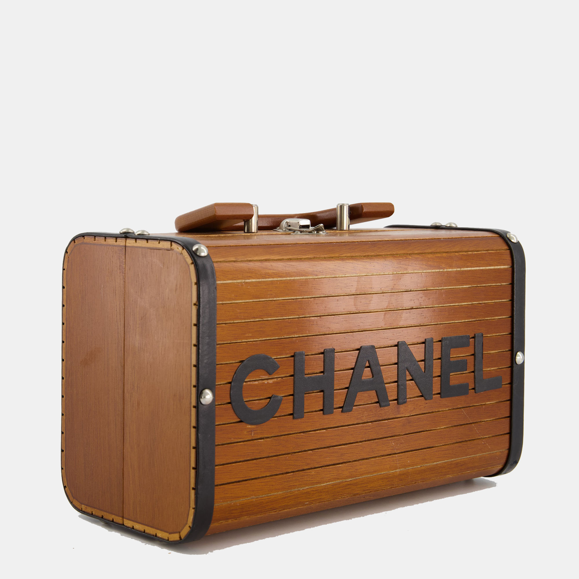 

Chanel Vintage Brown Wooden Logo Trunk Bag with Silver Hardware