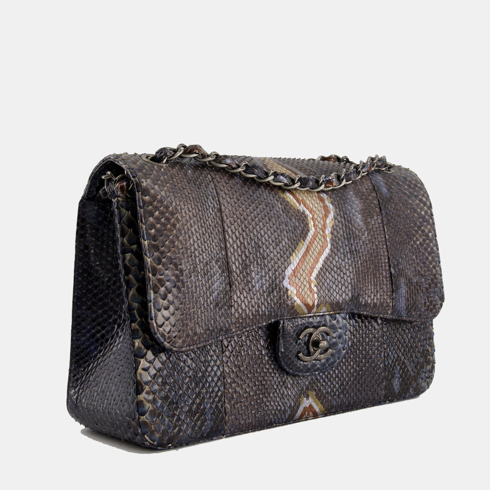 

Chanel Grey and Blue Python Leather Jumbo Classic Double Flap Bag with Gunmetal Hardware