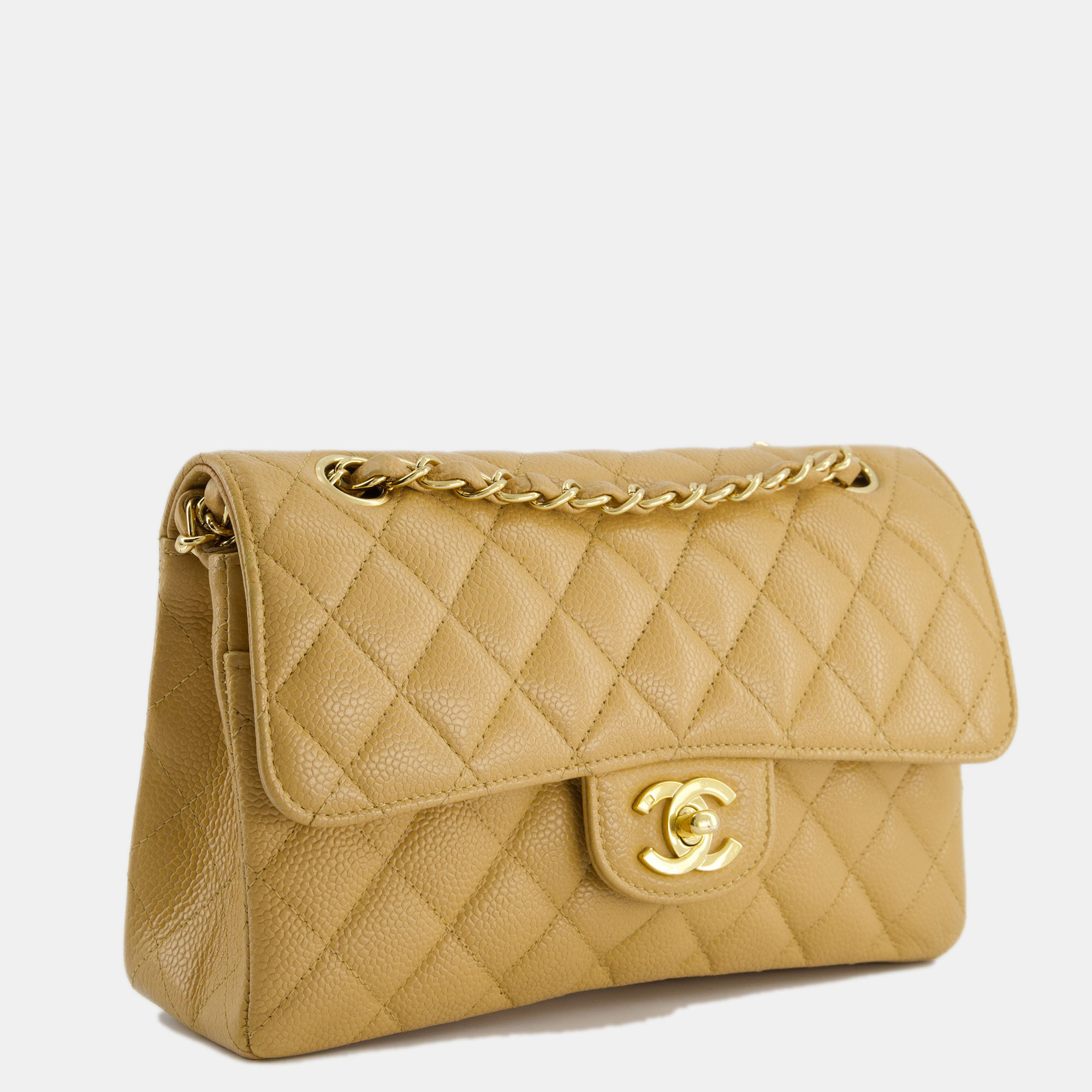 

Chanel Caramel Vintage Small Classic Double Flap Bag in Caviar Leather with 24k Gold Hardware, Brown