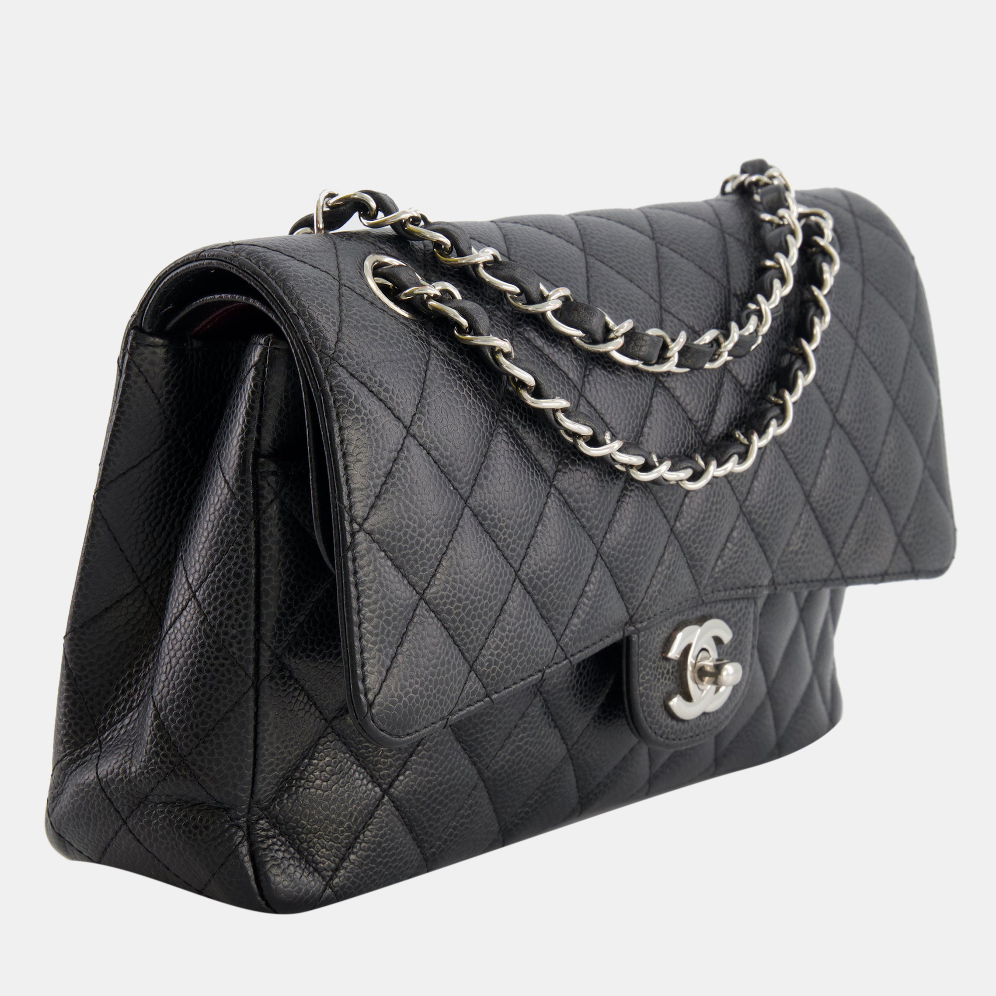 

Chanel Black Medium Classic Double Flap Bag in Caviar Leather with Silver Hardware