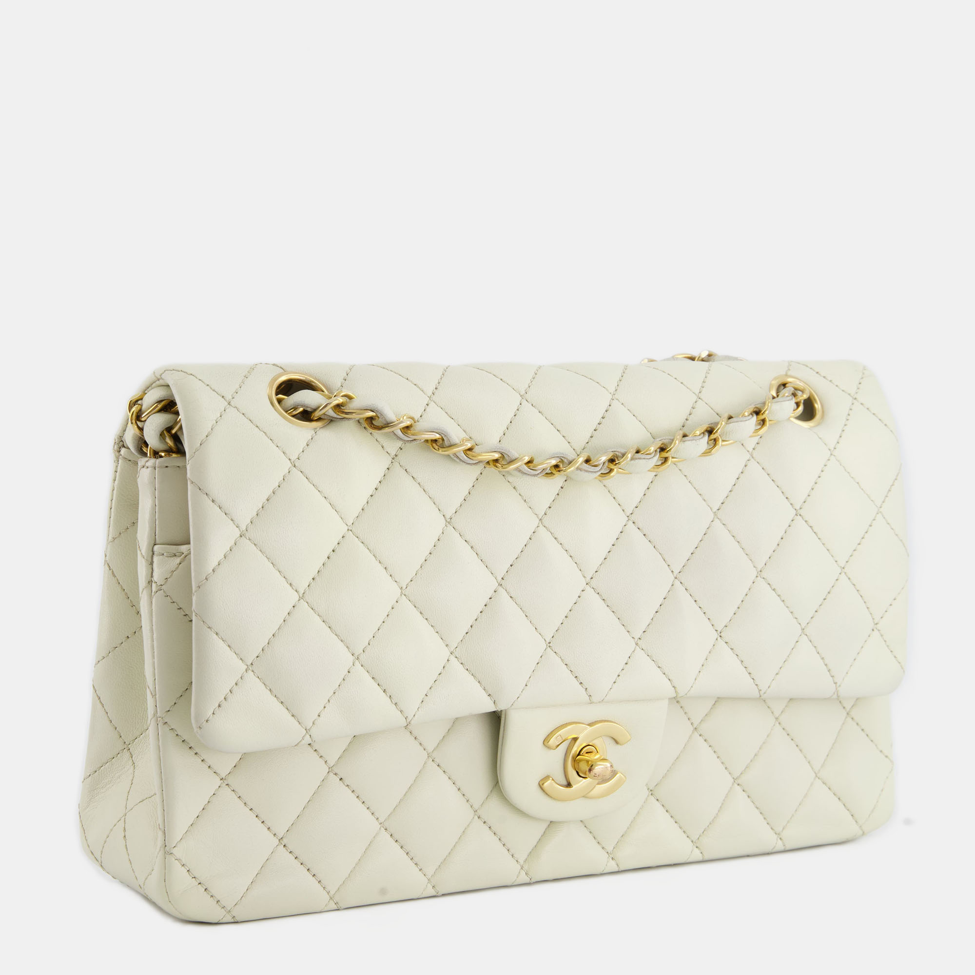

Chanel Vintage Cream Medium Classic Flap Bag in Lambskin Leather with 24K Gold Hardware, White