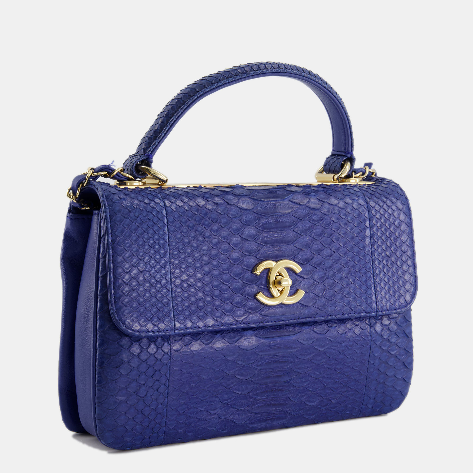 

Chanel Royal Blue Python Leather Top Handle Bag with Gold Hardware