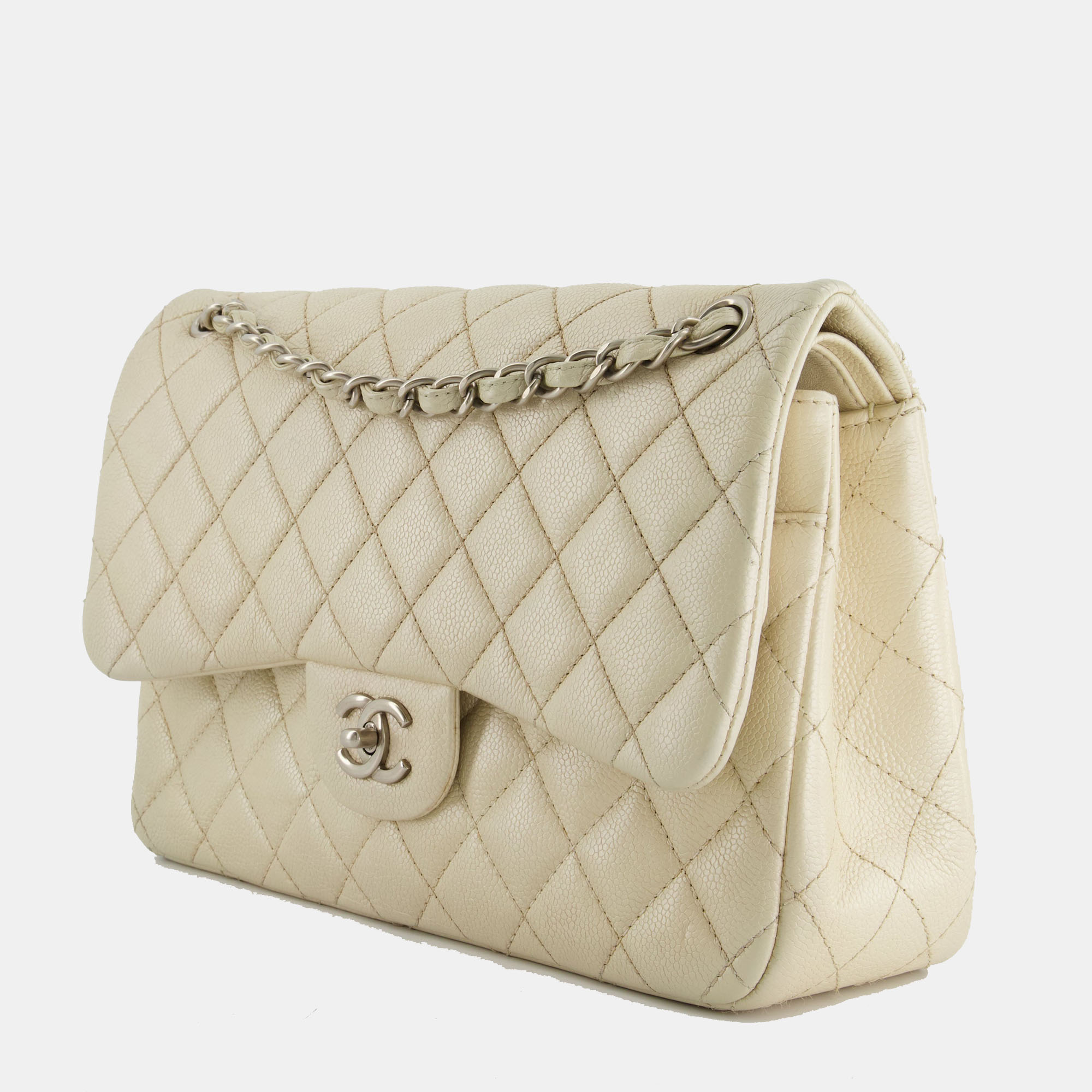 

Chanel Pearlescent Ivory Caviar Jumbo Classic Double Flap Bag with Silver Hardware, White