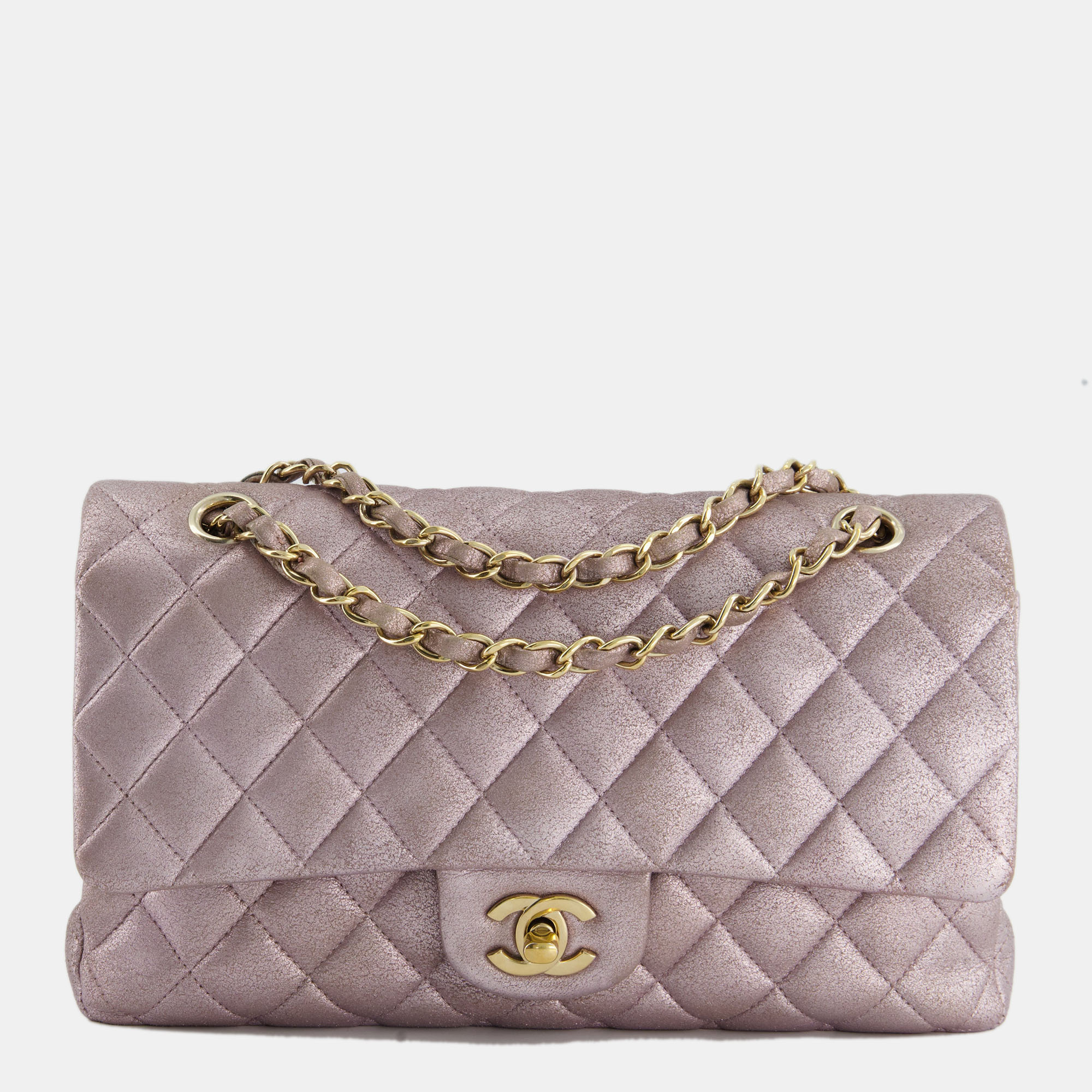 

Chanel Metallic Rose Gold Medium Classic Double Flap Bag in Coated Calfskin with Champagne Gold Hardware, Pink