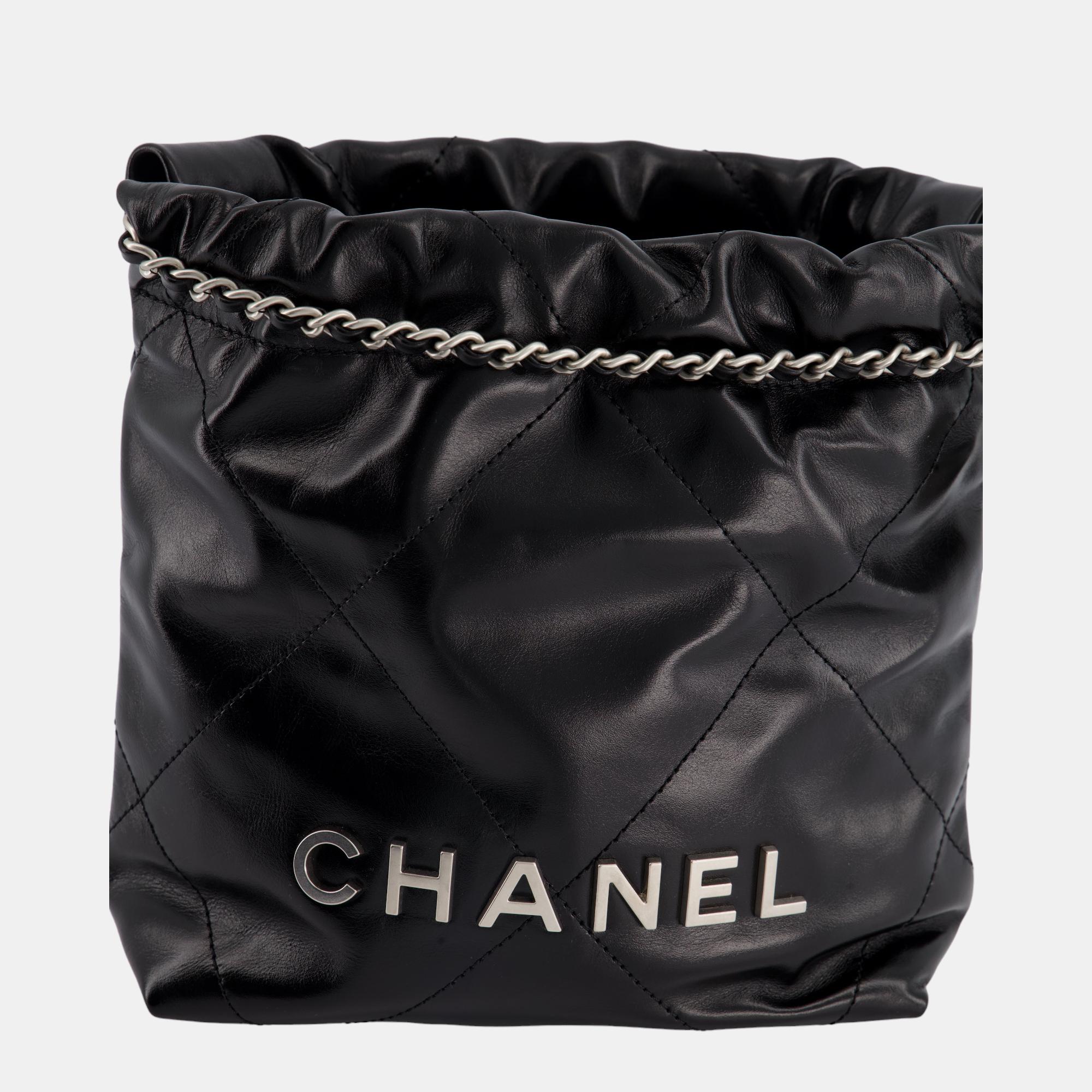 

Chanel Mini 22 Bag in Black Shiny Calfskin with Silver Hardware