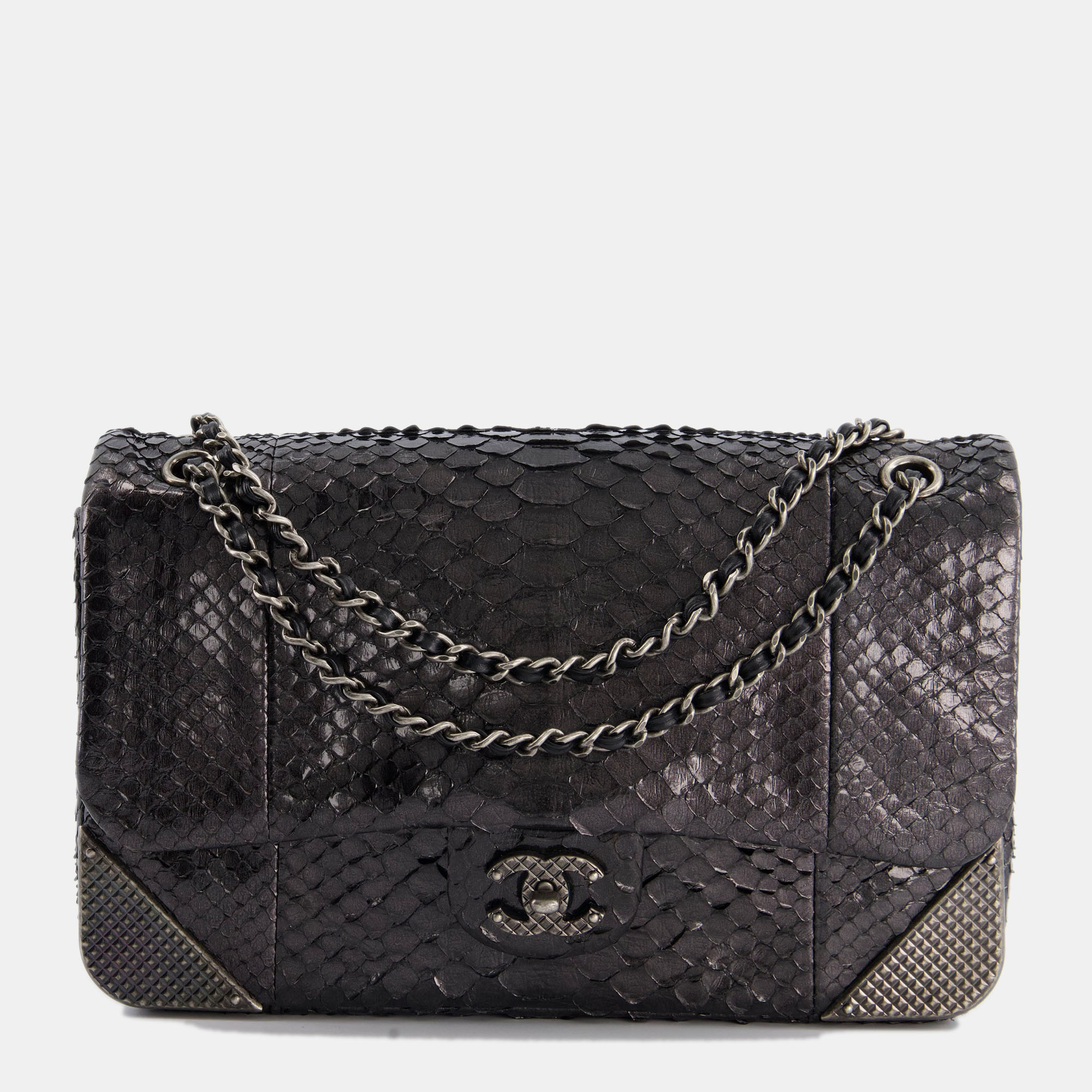 

Chanel Metallic Black Python Small Single Flap Bag with Ruthenium Textured Hardware