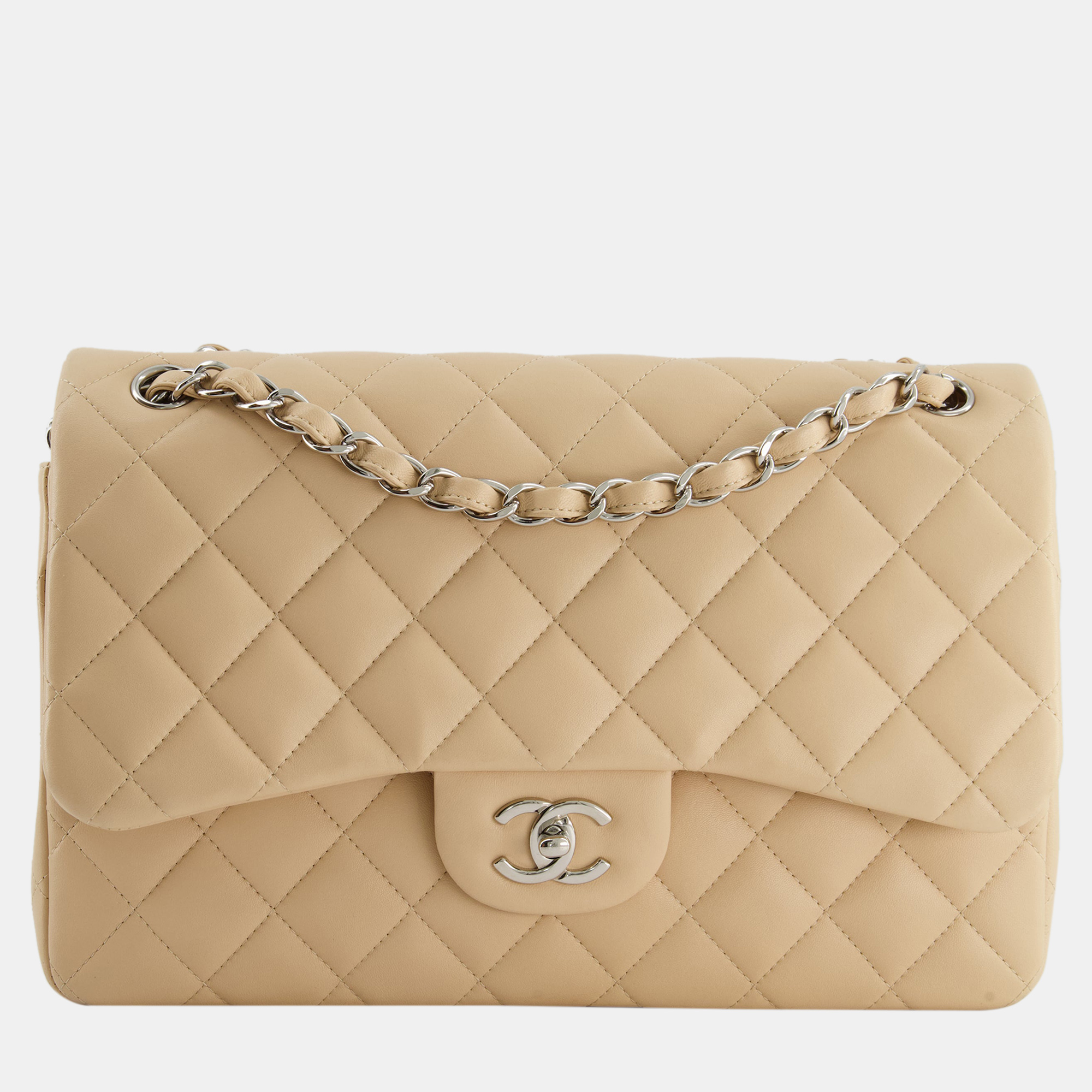 

Chanel Beige Jumbo Classic Double Flap Bag in Lambskin with Silver Hardware RRP Â£9,240