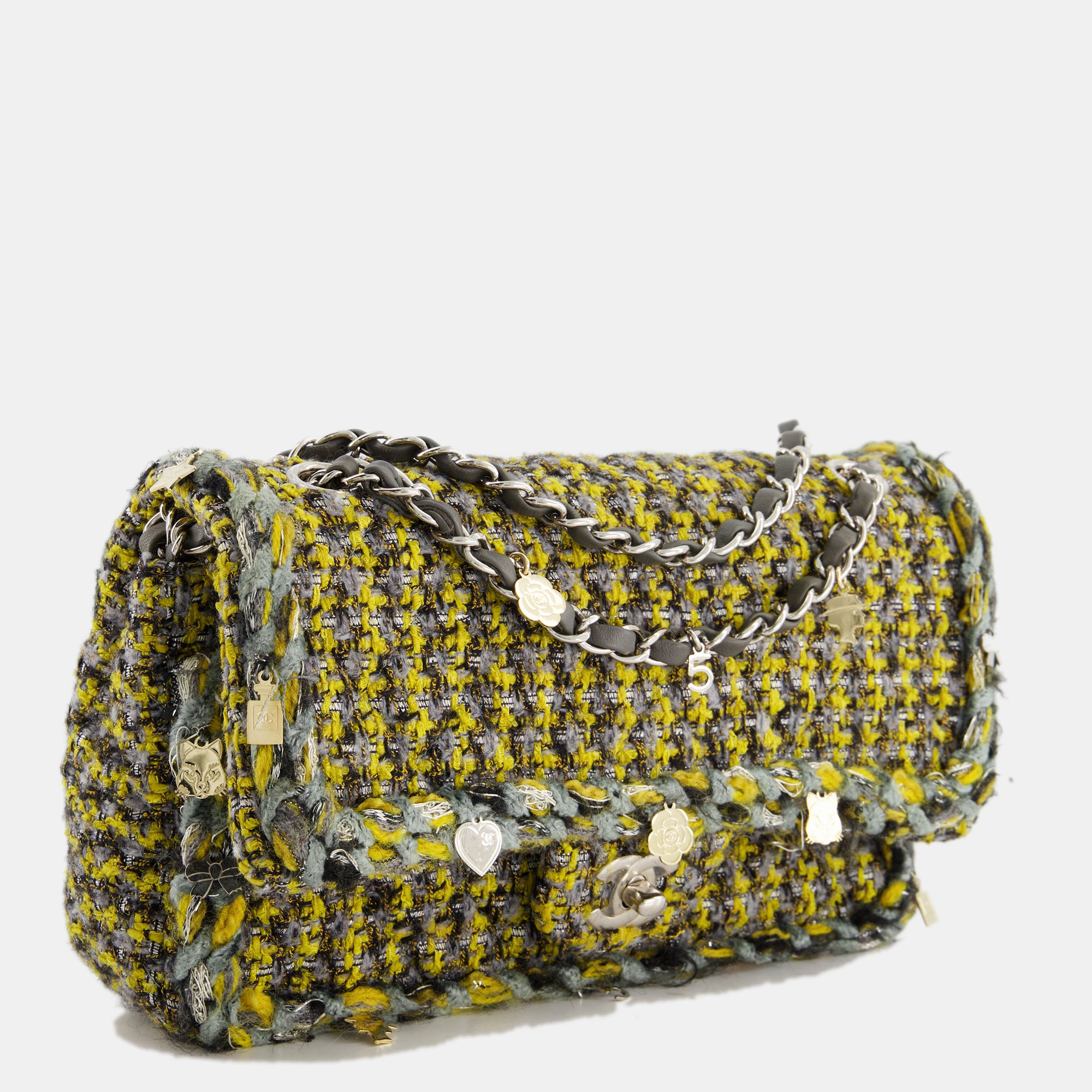 

Chanel Grey, Yellow and Black Tweed Medium Classic Double Flap Bag with Silver Hardware and Champagne Charms