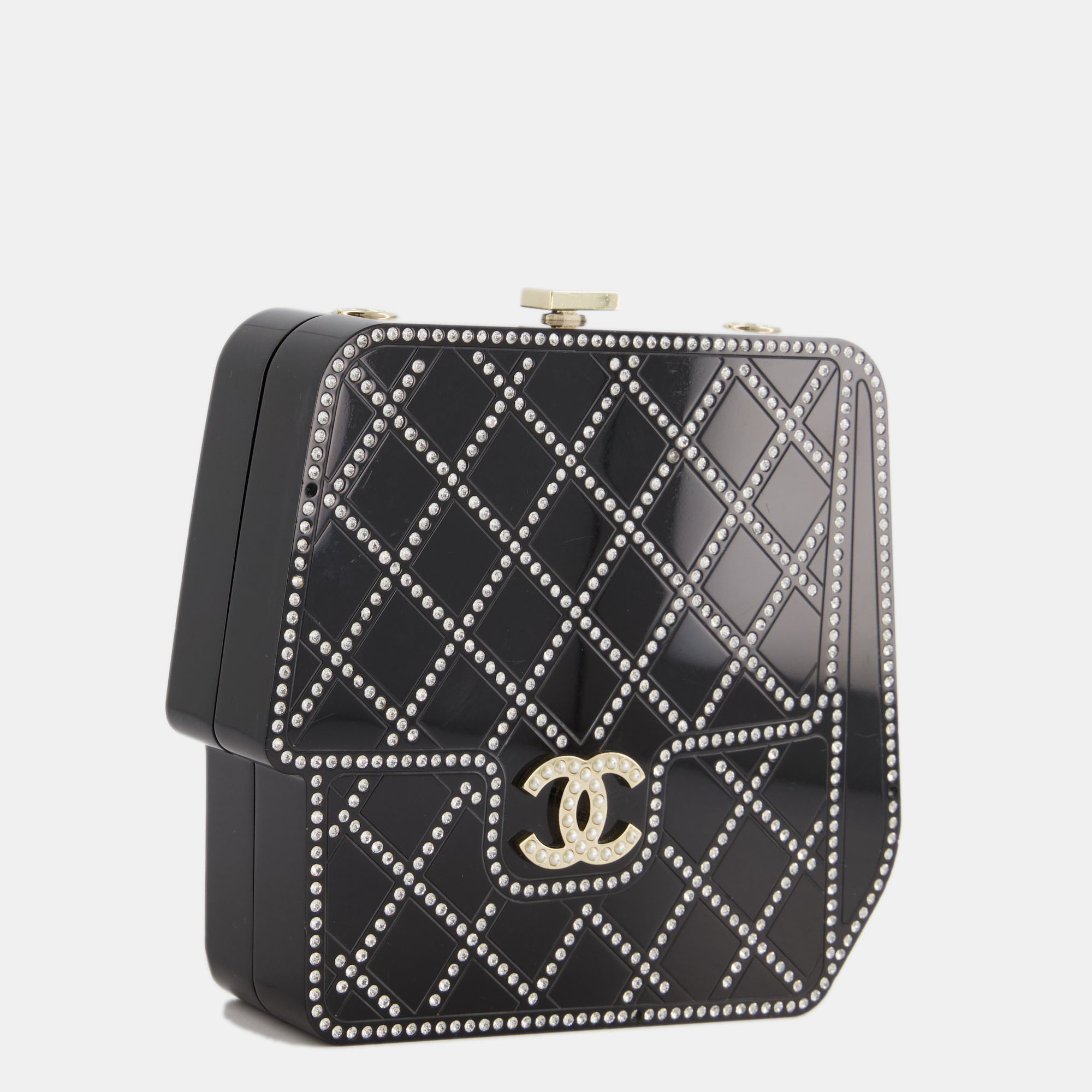 

Chanel Black Acrylic Crossbody Box Bag with Crystal with Pearl Embellishment and Champagne Gold Hardware