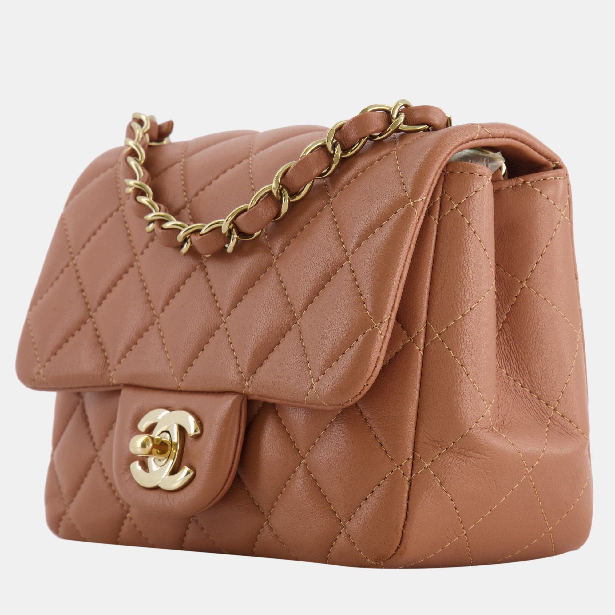 

Chanel Caramel Mini Square Bag in Lambskin Leather with Champagne Gold Hardware, Brown